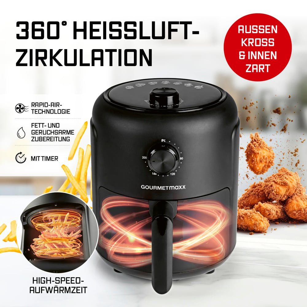 GOURMETmaxx Heißluftfritteuse 2,3 l, Airfryer mit Timerfunktion (60 Minuten Timer), 100 W, Nahezu ohne Öl, Vorheizen & Warmhalten, 1000 W &, 8 in 1 Funktionen