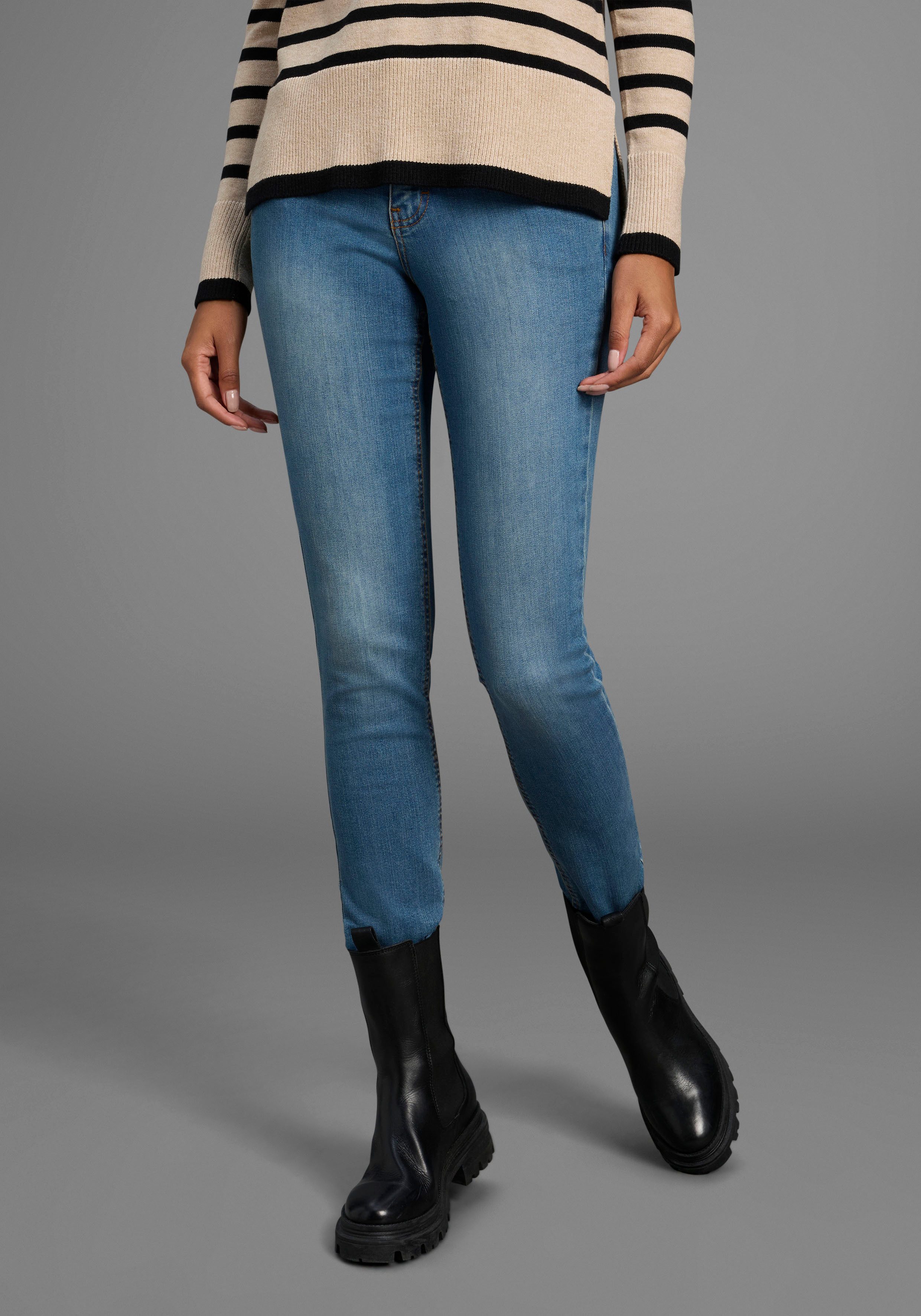 Arizona Slim-fit-Jeans Bund mit seitlichem Gummizugeinsatz schmale Passform, Röhrenjeans, Used-Waschung, hohe Leibhöhe