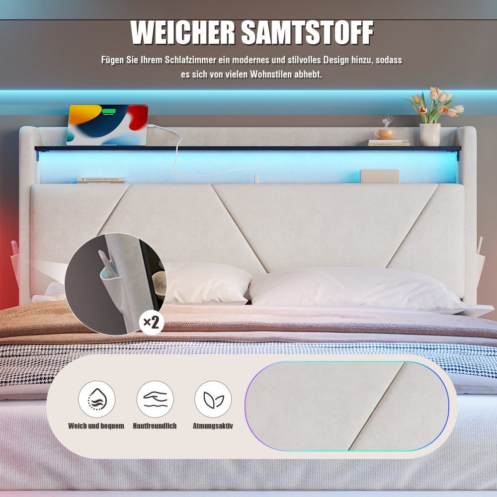 TavilaEcon Boxspringbett Modernes Polsterbett mit Stauraum im Kopfteil und LED-Beleuchtung (1-St), mit Lattenrost, USB- und Type-C-Anschlüsse – Bild 5 von 5