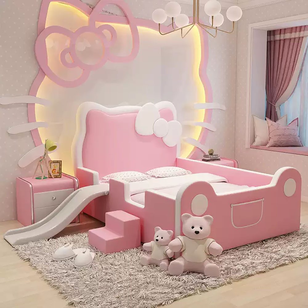 Muxing Kinderbett in Katzenform mit Rutsche, weich gepolstert (1-tlg), ohne Matratze, 120×190cm, rosa