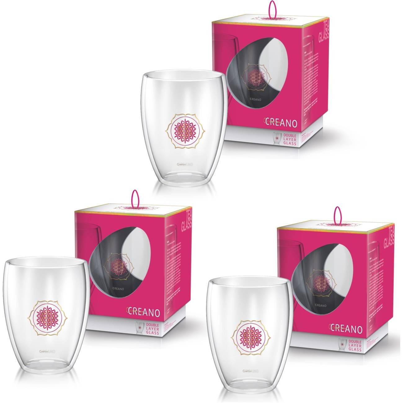 Creano Teeglas 3er-Set Thermo-Glas “Blume des Lebens”, 250ml, Glas, 3x bedruckte Gläser