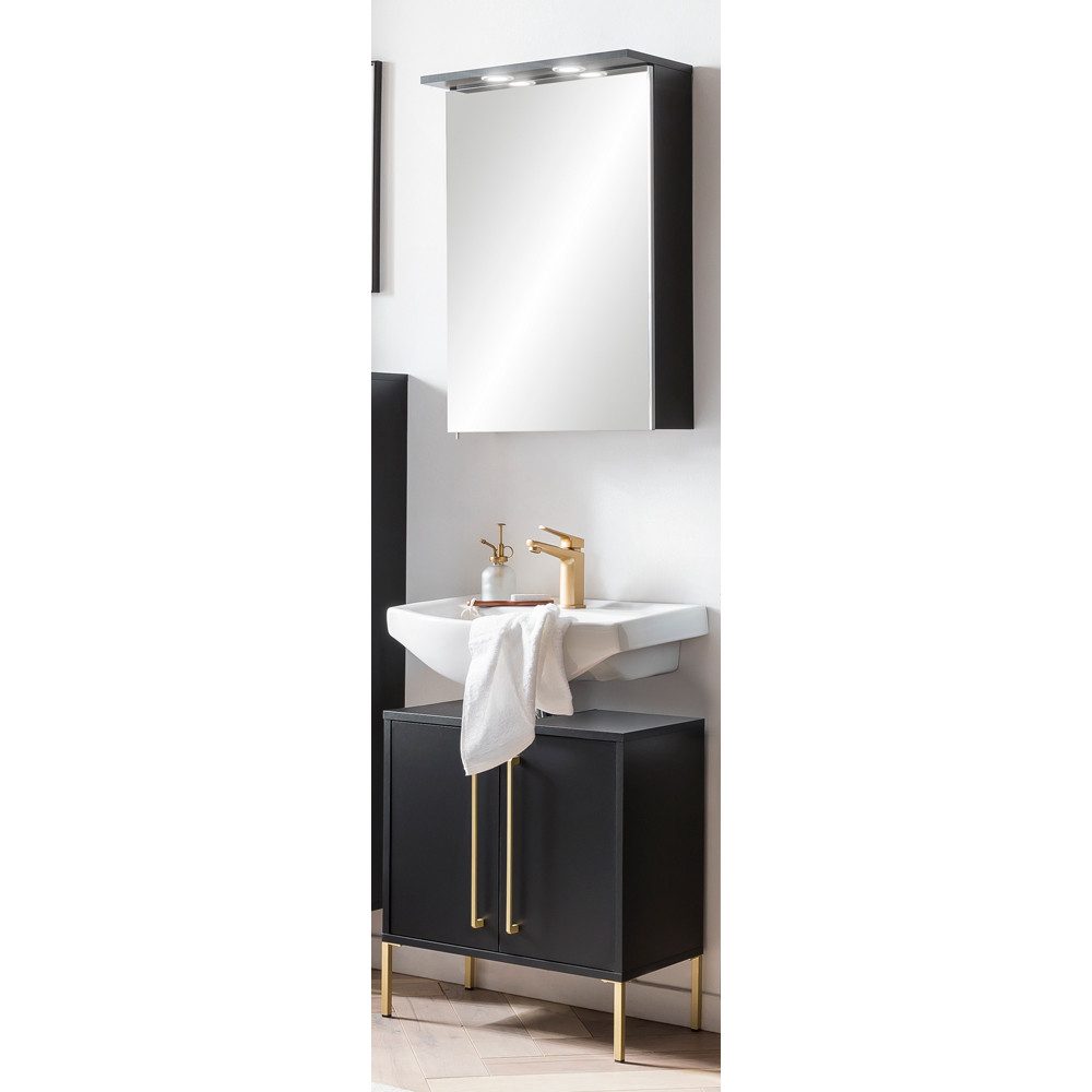 Lomadox Badmöbel-Set SARAY-80, (Spar-Set, 2-St), Waschplatz Set schwarz Waschbeckenunterschrank 57cm Spiegelschrank LED