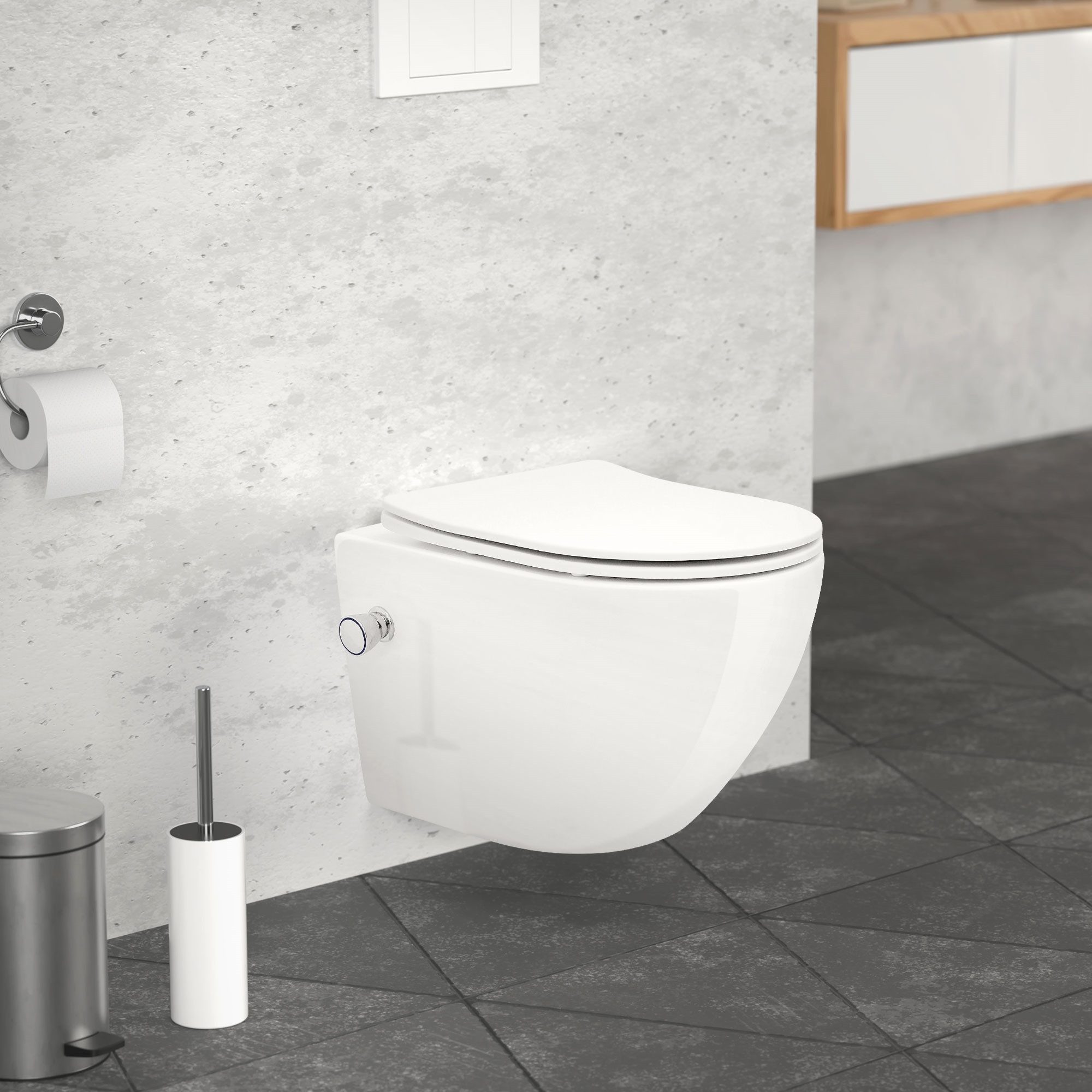 LuxeBath Tiefspül-WC Spülrandloses Wand Hänge WC aus Keramik mit WC-Sitz Absenkautomatik, Toilette kurz mit Bidet-Funktion & Nano Beschichtung Tornadospülung