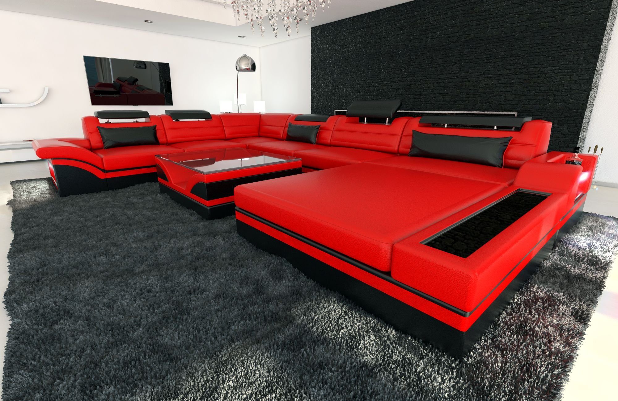 Sofa Dreams Wohnlandschaft Sofa Leder Couch Mezzo XXL U Form Ledersofa, Couch, mit LED, wahlweise mit Bettfunktion als Schlafsofa, Designersofa