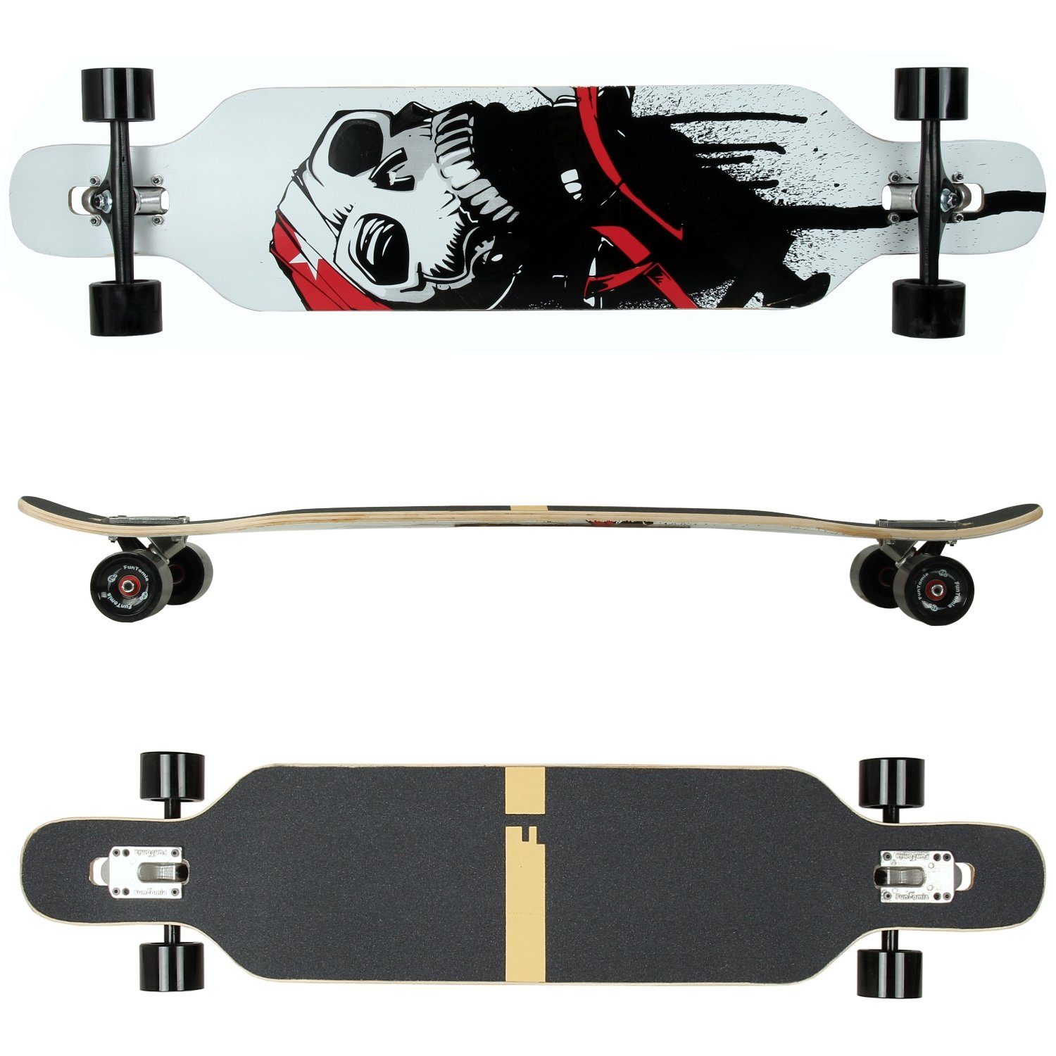 3 Cruiser Stufen Ahornholz und bis Longboard Rollen Drop T-Tool + LED Through Camber Weiß / Skateboard Tip Komplettboard Flex Kugellager, Camber 84kg Skull FunTomia mit 25 Twin Tip Longboard 2 Mach1 - Speed in ABEC-9 - Flex Twin