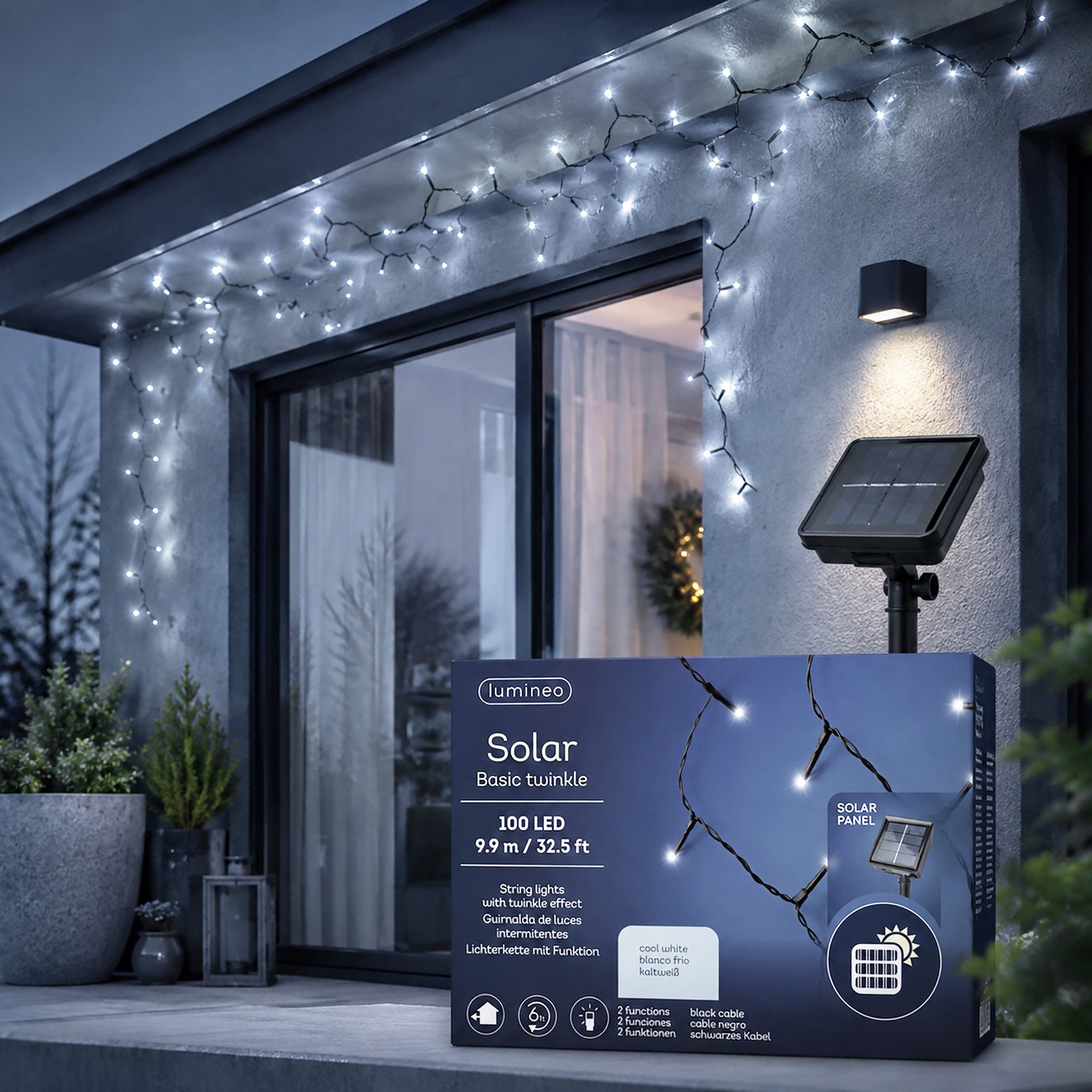 Lumineo LED-Lichterkette, Solar LED Lichterkette 9,9m Kunststoff 100 LEDs Kaltweiß / Schwarz