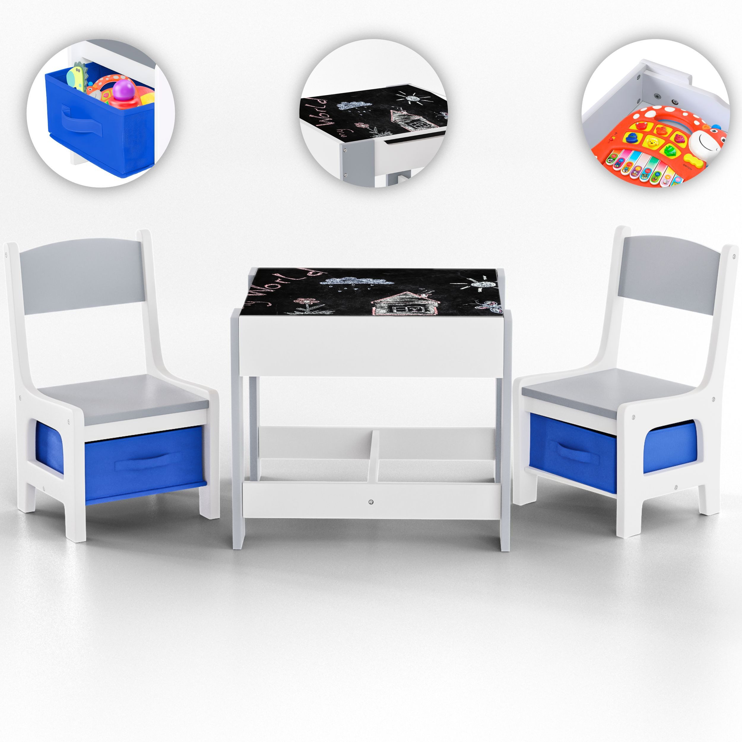 Baby Vivo Kindersitzgruppe Kindersitzgruppe mit multifunktionalem Tisch 2 Stühlen - Maurice Blau