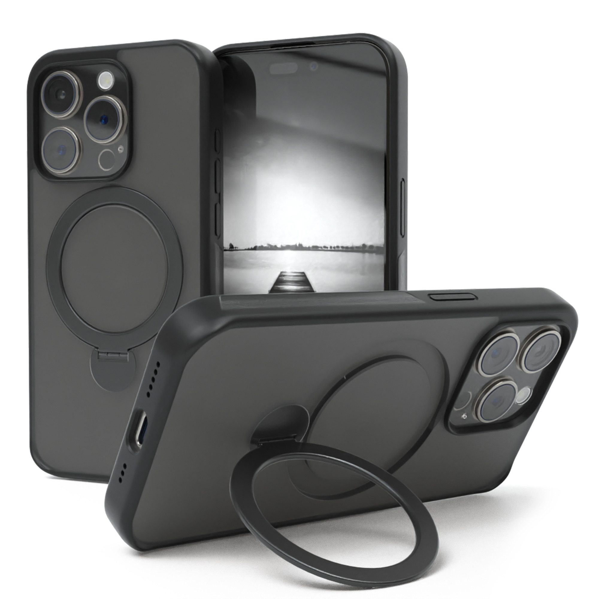EAZY CASE Handyhülle Outdoor iPhone 15 Pro Case MagSafe Rotation Ring 6,1 Zoll, Outdoor Handy Hülle Bumper Schutzhülle Slim mit Kameraschutz Schwarz