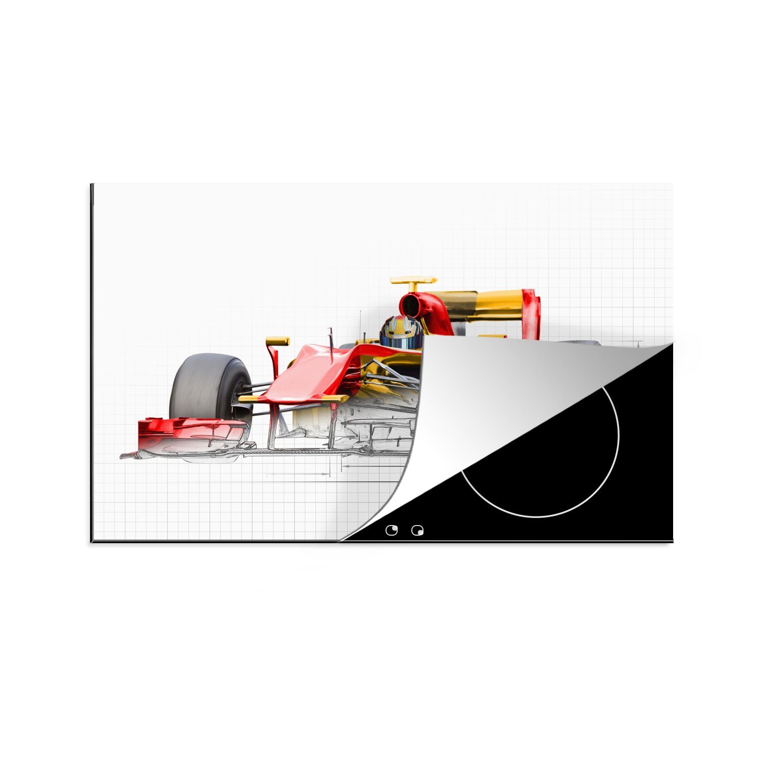 MuchoWow Herdblende-/Abdeckplatte Ein roter cm, Vinyl, in Induktionskochfeld die Ceranfeldabdeckung Formel küche, aus 81x52 (1 einer für der tlg), Rennwagen Illustration, 1 Schutz