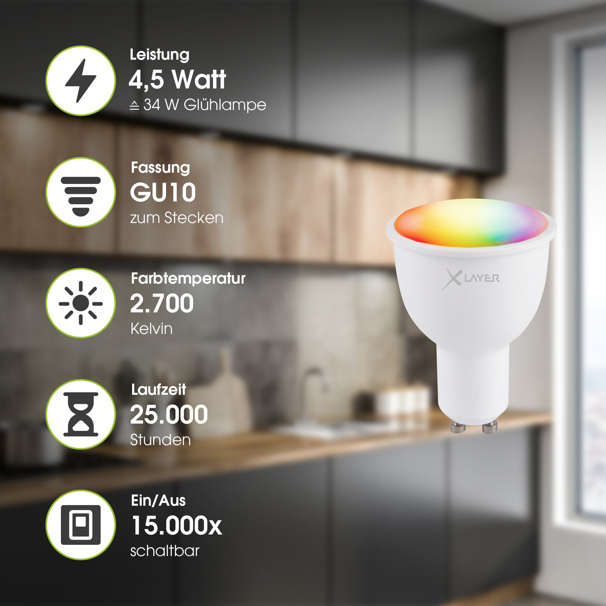 XLAYER Smarte LED-Leuchte WLAN LED Lampe Smart Echo GU10 4.5W Warmweiß, Mehrfarbig Dimmbar