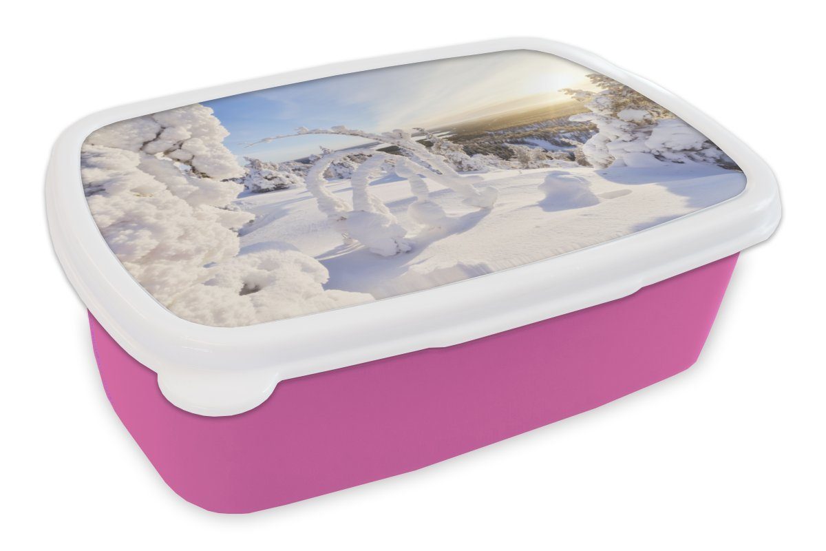 MuchoWow Lunchbox Ein Gebiet in Kinder, vollständig Erwachsene, mit Lappland, Kunststoff, ist, Kunststoff (2-tlg), Snackbox, für Mädchen, Schnee Brotbox Brotdose das bedeckt rosa