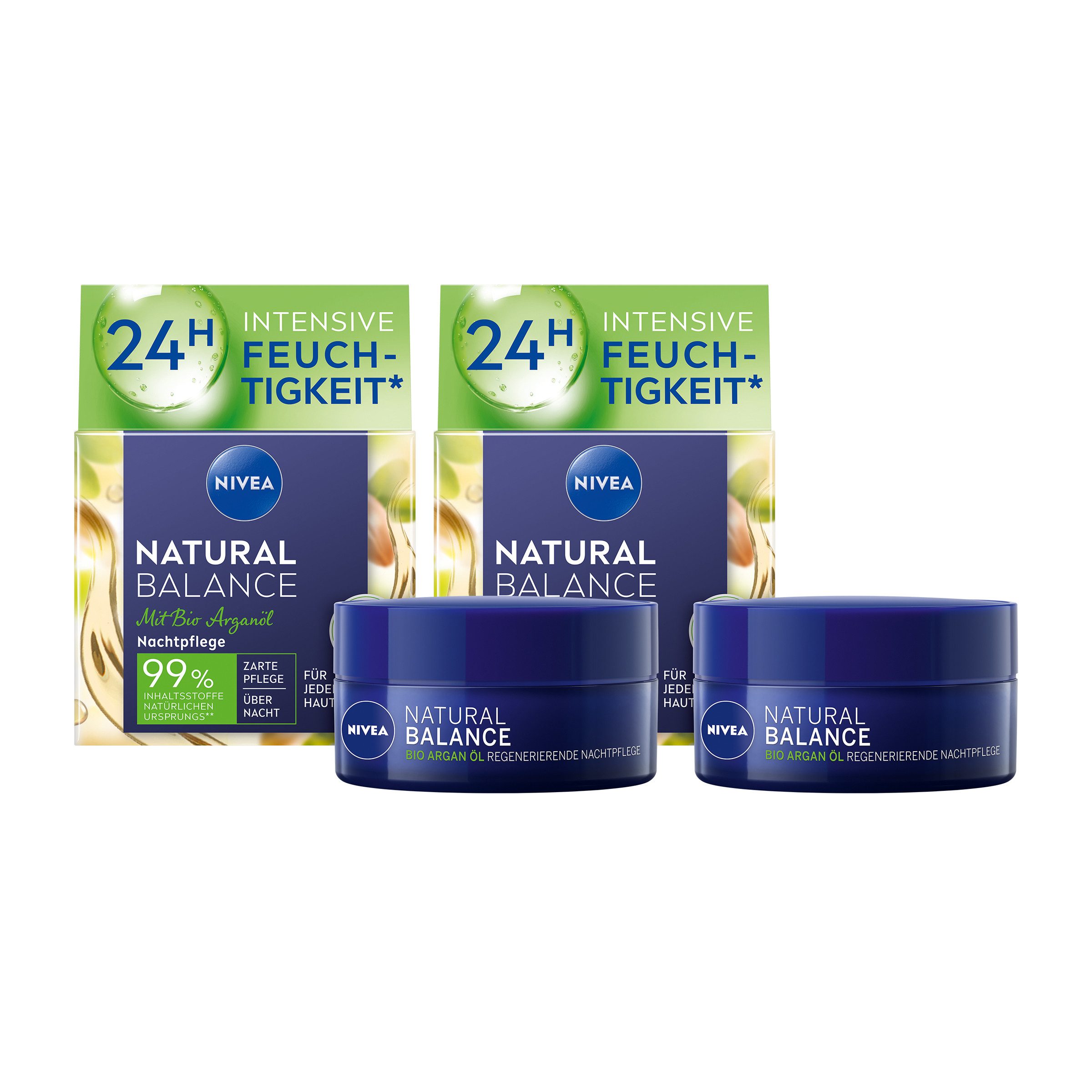 Nivea Nachtcreme Natural Balance regenerierend tiefenpflegend Jojobaöl 2 x 50ml, 2-tlg., Bio Arganöl, Jojobaöl, Mandelöl