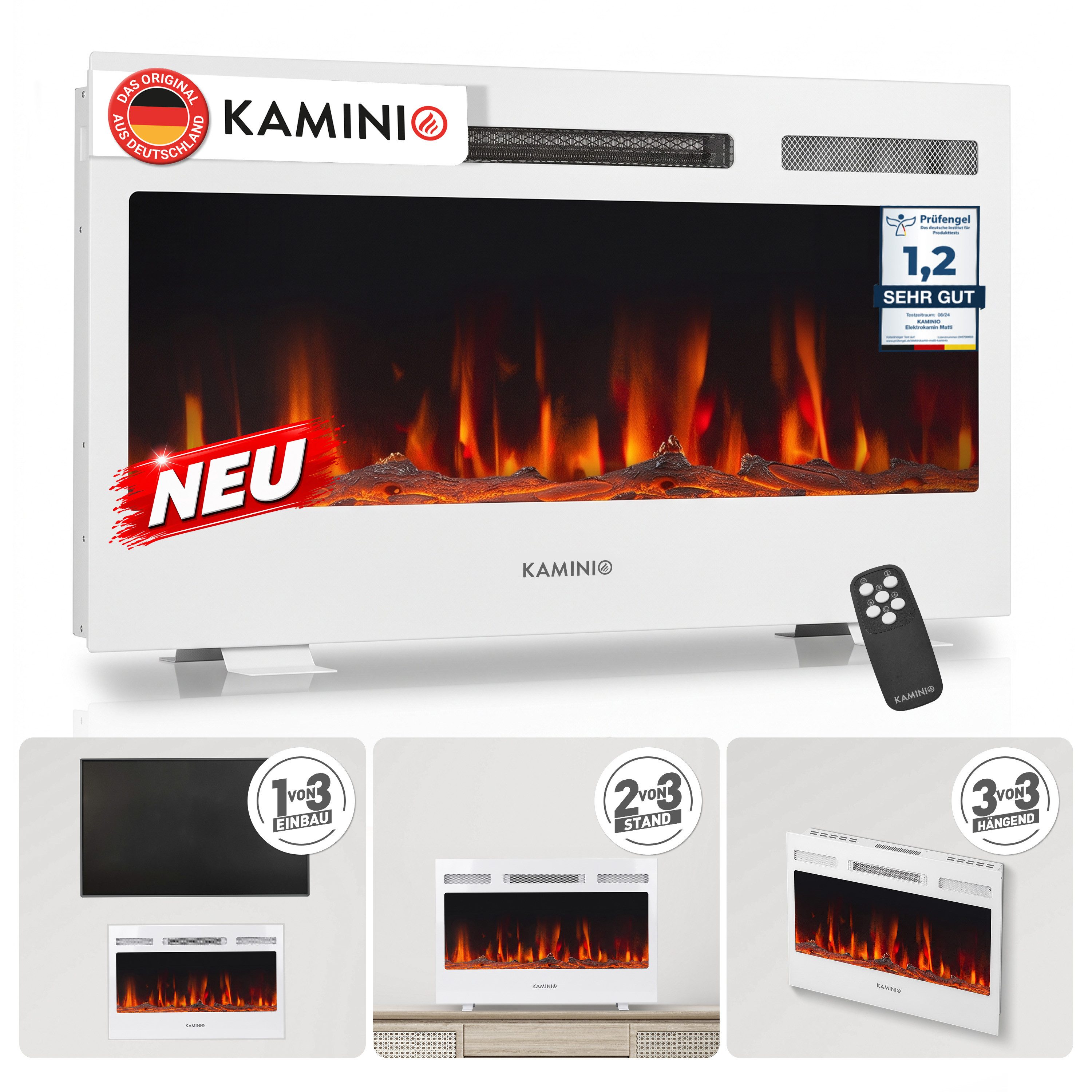 KAMINIO Elektrokamin MARLON Weiß, 3in1 Kamin: Elektrischer Stand-, Wand- und Einbaukamin, Heizung 1800W