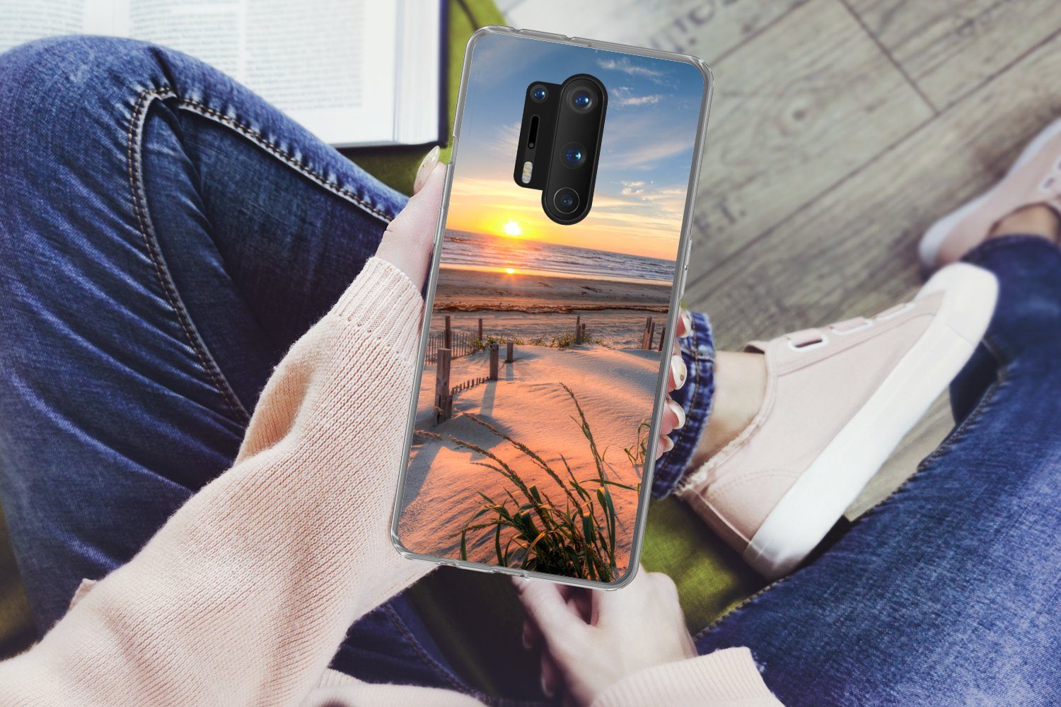 MuchoWow Handyhülle für OnePlus 8 Pro Strand - Meer - Düne - Sonnenuntergang - Landschaft, Phone Case, Silikon, Schutzhülle Dünn