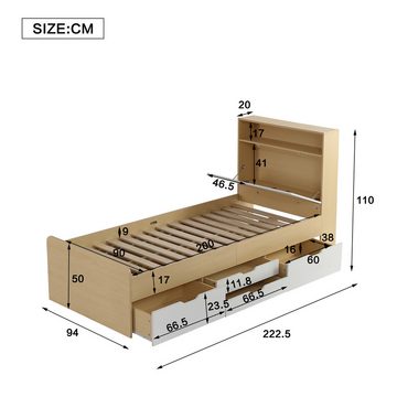 DOPWii Einzelbett 90x200cm Paneelbett mit 4 Schubladen,Kopfteil mit Klappenablage, Ecken mit Stoßschutz,MDF + Spanplatte,Einzelbett,Jugendbett