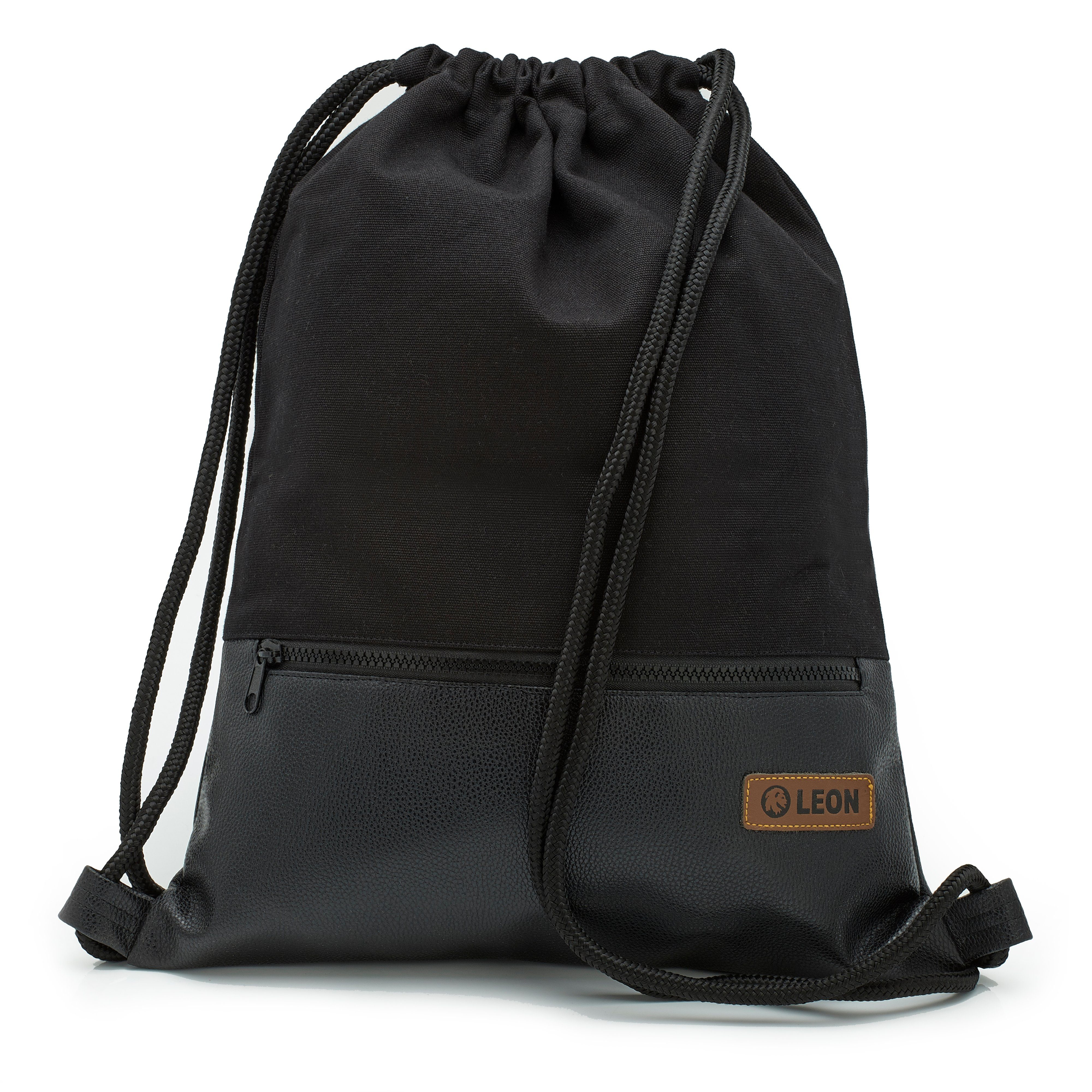 By Bers Freizeitrucksack Leon By Bers Turnbeutel (Tagesrucksack für Strand Sport Festival Freizeit Alltag Einkauf aus Baumwolle Innentasche Schlüsselband), robuste hochwertige Baumwolle, perfekte Verarbeitung TB_Schwarz_Sw-PU