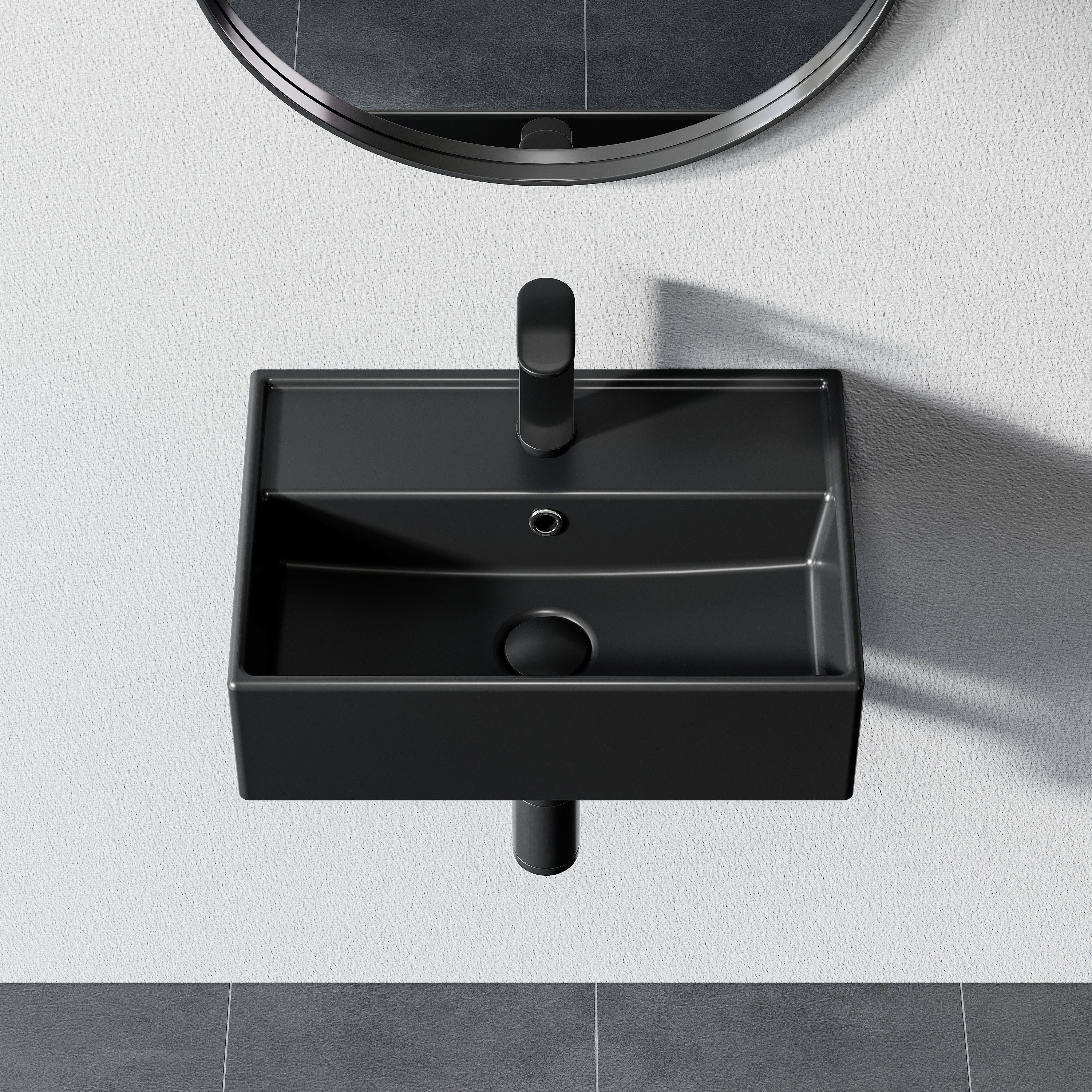 HOROW Waschbecken Keramik Aufsatzwaschbecken Hängewaschbecken 50cm 60cm 75cm (Badezimmer Waschtisch, mit Hahnloch und Überlauf - Weiß/Schwarz) – Bild 2 von 5