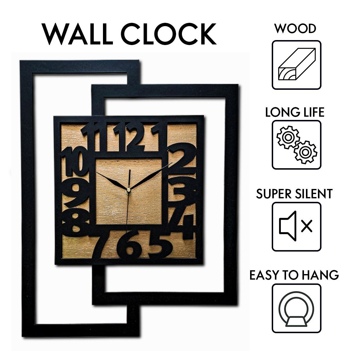 ORNAMENTI Wanduhr Große handgefertigte,moderne aus Holz, Hingucker,44 x 56 cm (Rechteckig vertikal, ohne Tickgeräusche für Wohnzimmer lesbare Ziffern)