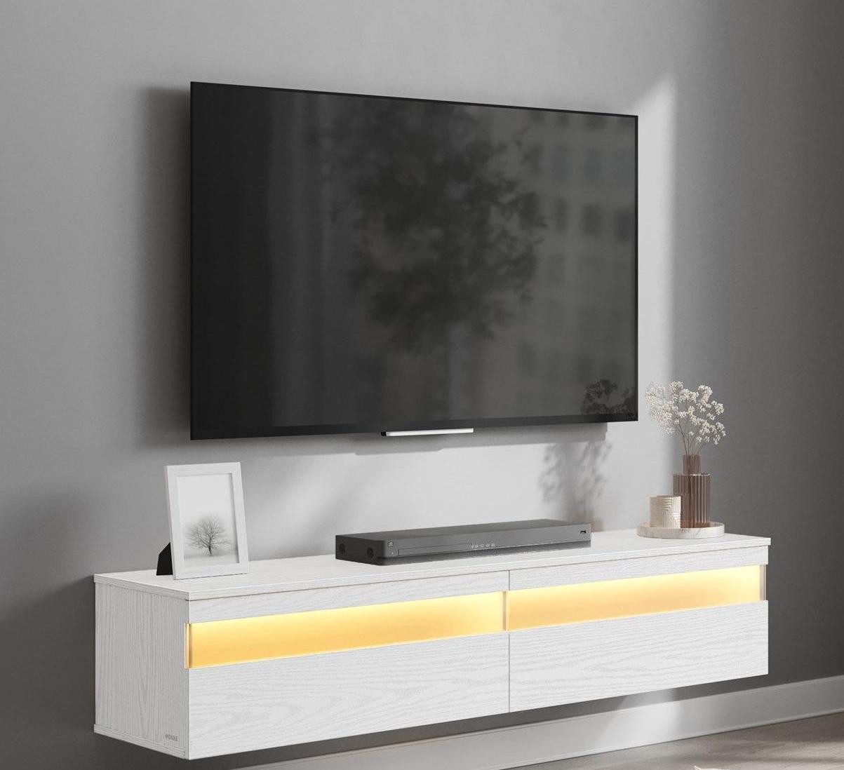 VASAGLE TV-Schrank TV-Board hängend, 7 Lichtfarben, mit Ladestation, Breite 147/178 cm