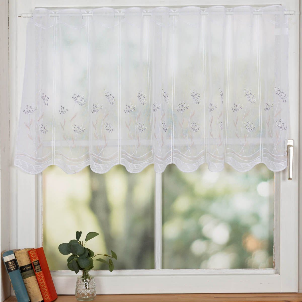 SCHÖNER LEBEN. Scheibengardine Scheibengardine Meterware Stickerei Leinenoptik Blumen weiß 60x145cm, Smokband, Lichtschutz, Polyester, bestickt