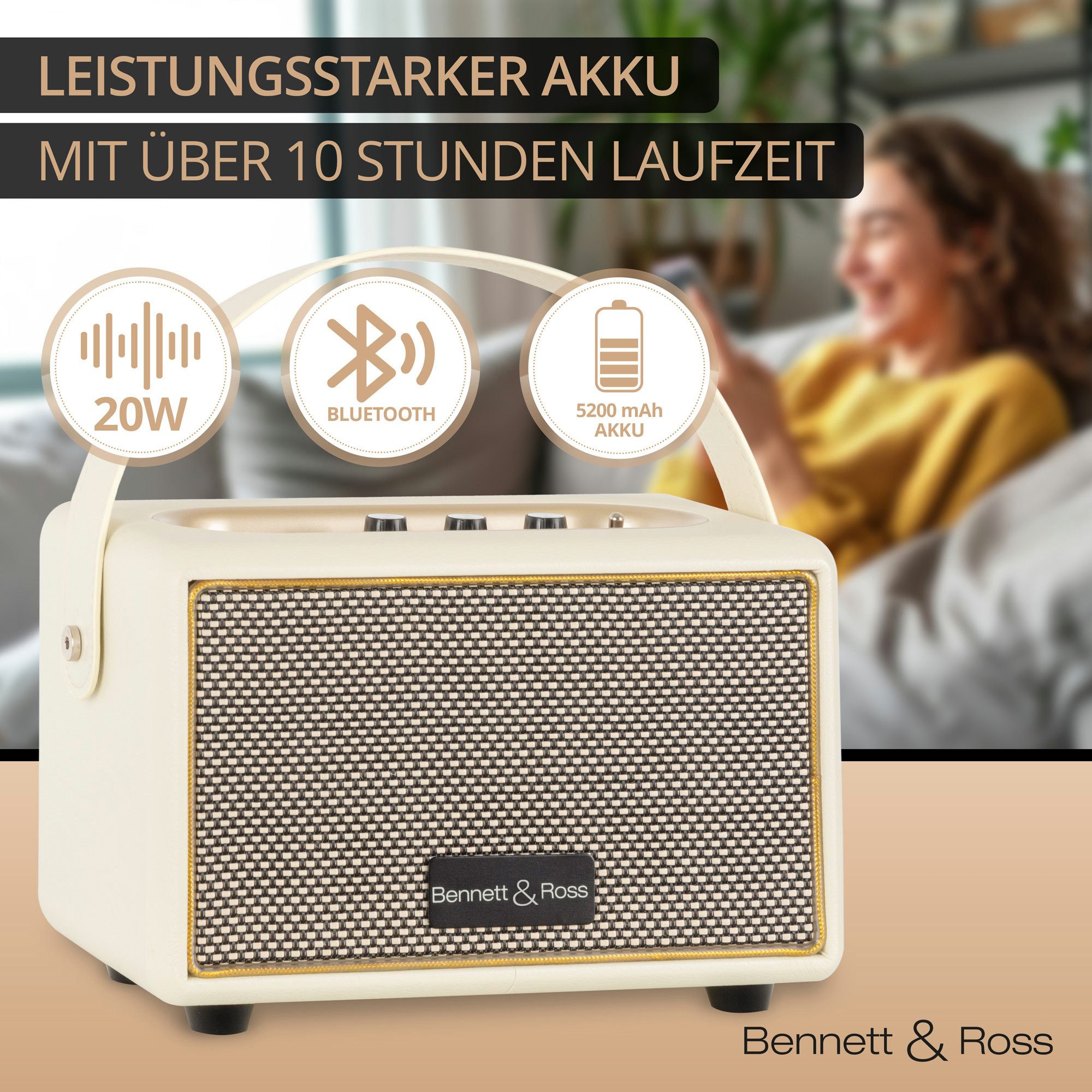 Bennett & Ross BB-820 Blackmore Junior Bluetooth-Lautsprecher (20 W, Retro Speaker in Lederoptik mit 5200 mAh Akku)