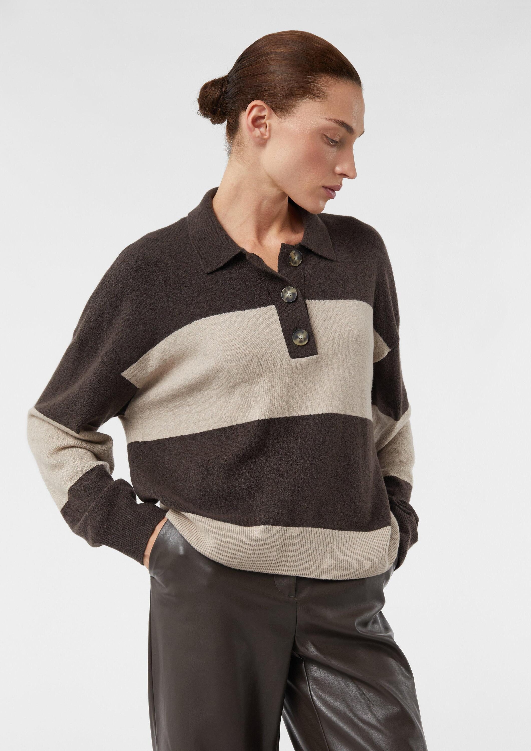 comma Longpullover Strickpullover Weiter Streifenpullover mit Polokragen