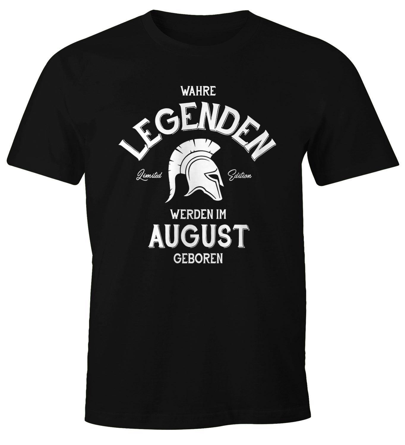im Print-Shirt August Print Geburtstagsgeschenk MoonWorks Moonworks® T-Shirt Geburtstags geboren [Wunschmonat] Legenden Herren schwarz mit werden
