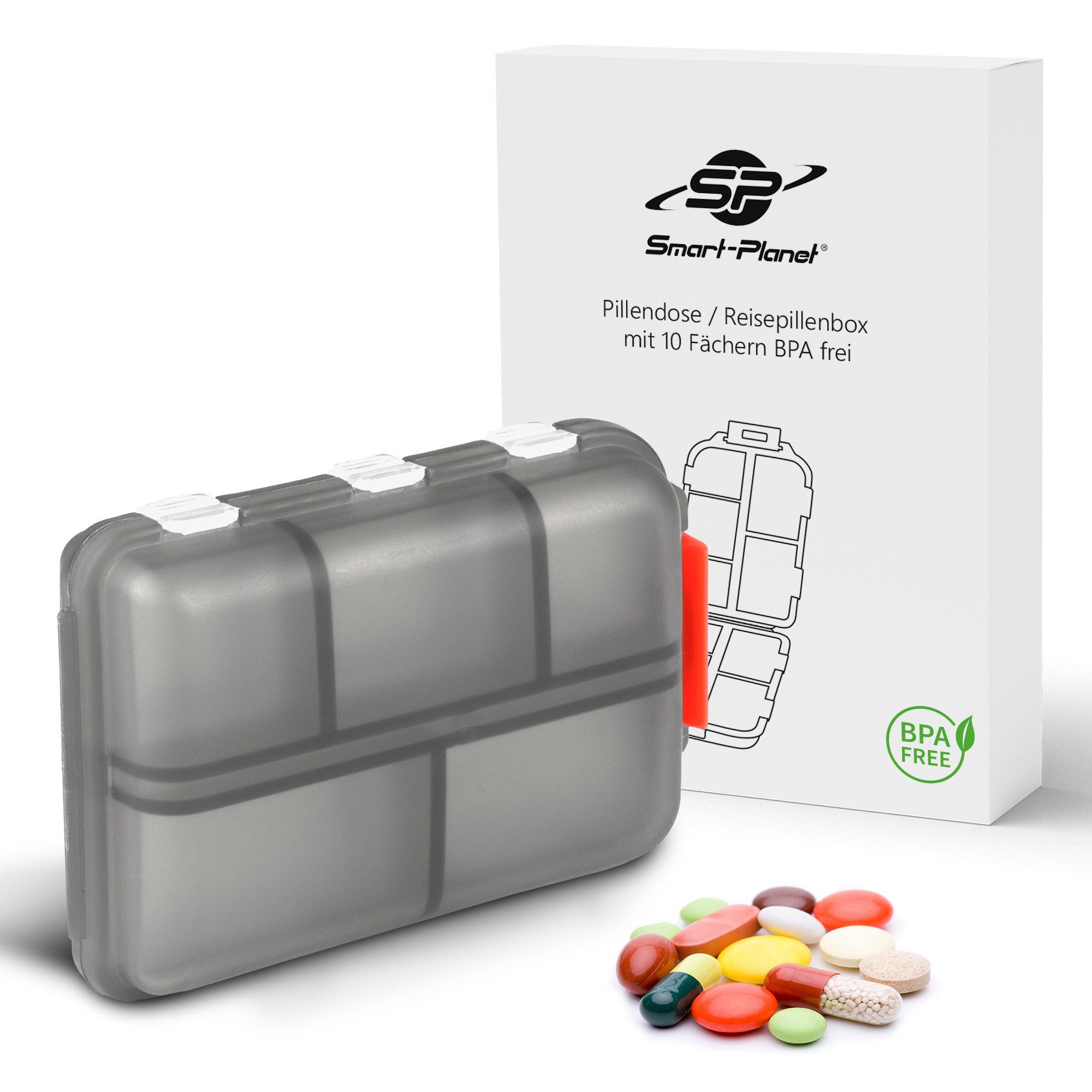 Smart-Planet Pillendose Pillendose klein für unterwegs - Tablettenbox 10 Fächer ToGo (1 St), seniorenfreundliche Medikamentenbox - Organizer für Supplements