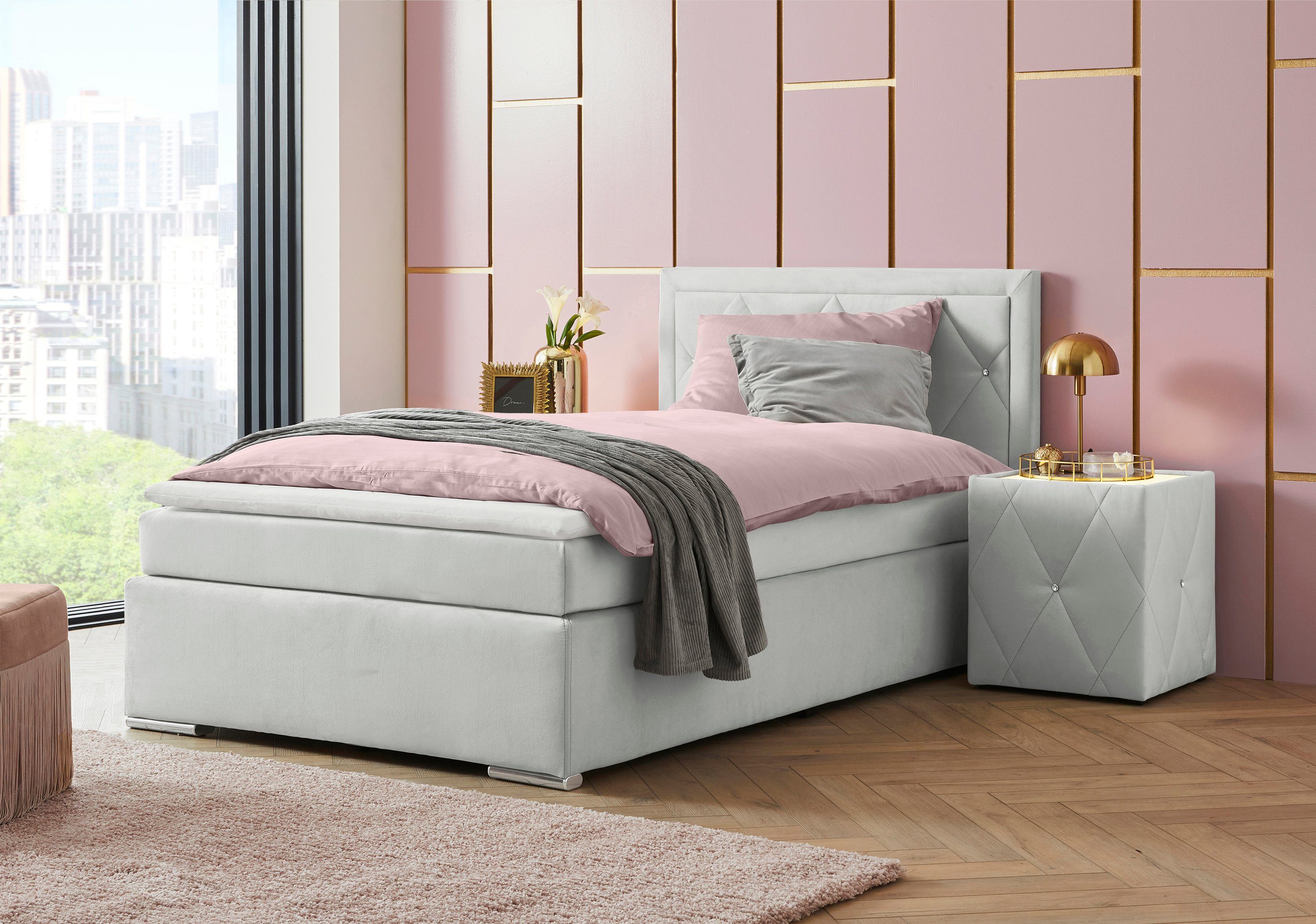 Home affaire Boxbett ALFIE, Polsterbett wahlweise mit Bettkasten, Samtvelours-Bezug (mit PUR-Schaumtopper (H2), Kaltschaumtopper (H3) oder Viscotopper (H4), mit Bonnell-oder Taschenfederkernmatratze H2,H3, H4, 120/140/180x200cm