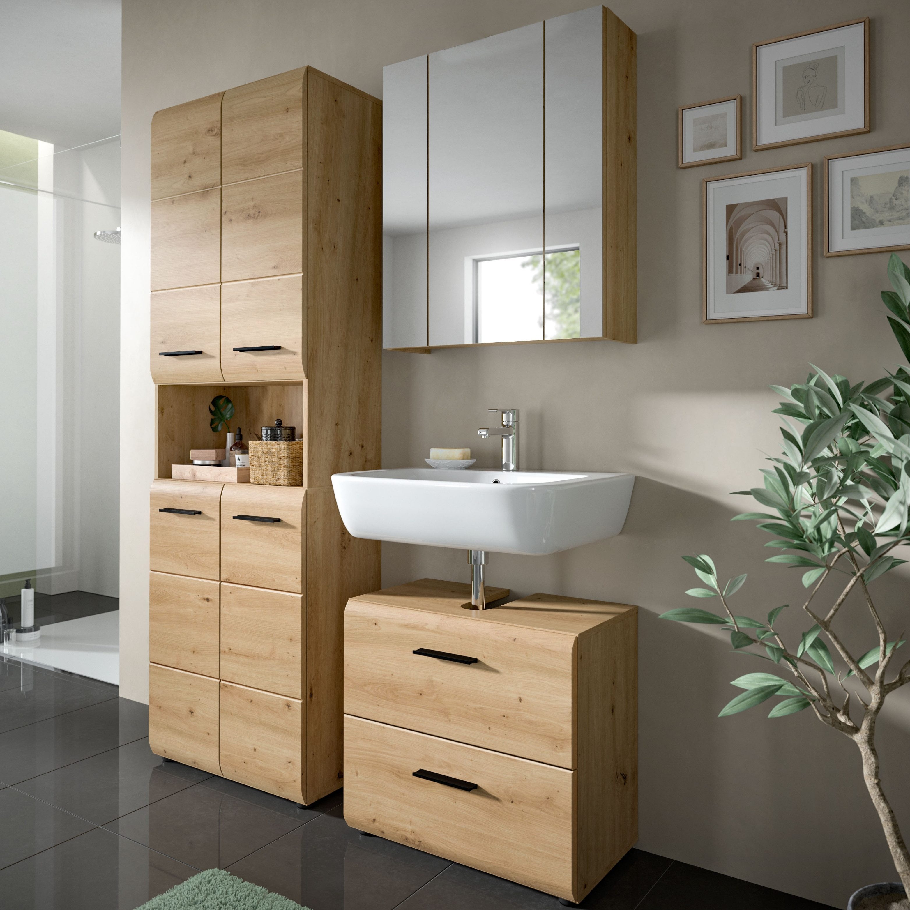 furnling Stauraumschrank Ivy - moderner Badschrank mit 4 Türen, 4 Einlegeböden, viel Stauraum offenes Fach, pflegeleichte MDF Front, Hochschrank, Artisan Oak – Bild 2 von 5