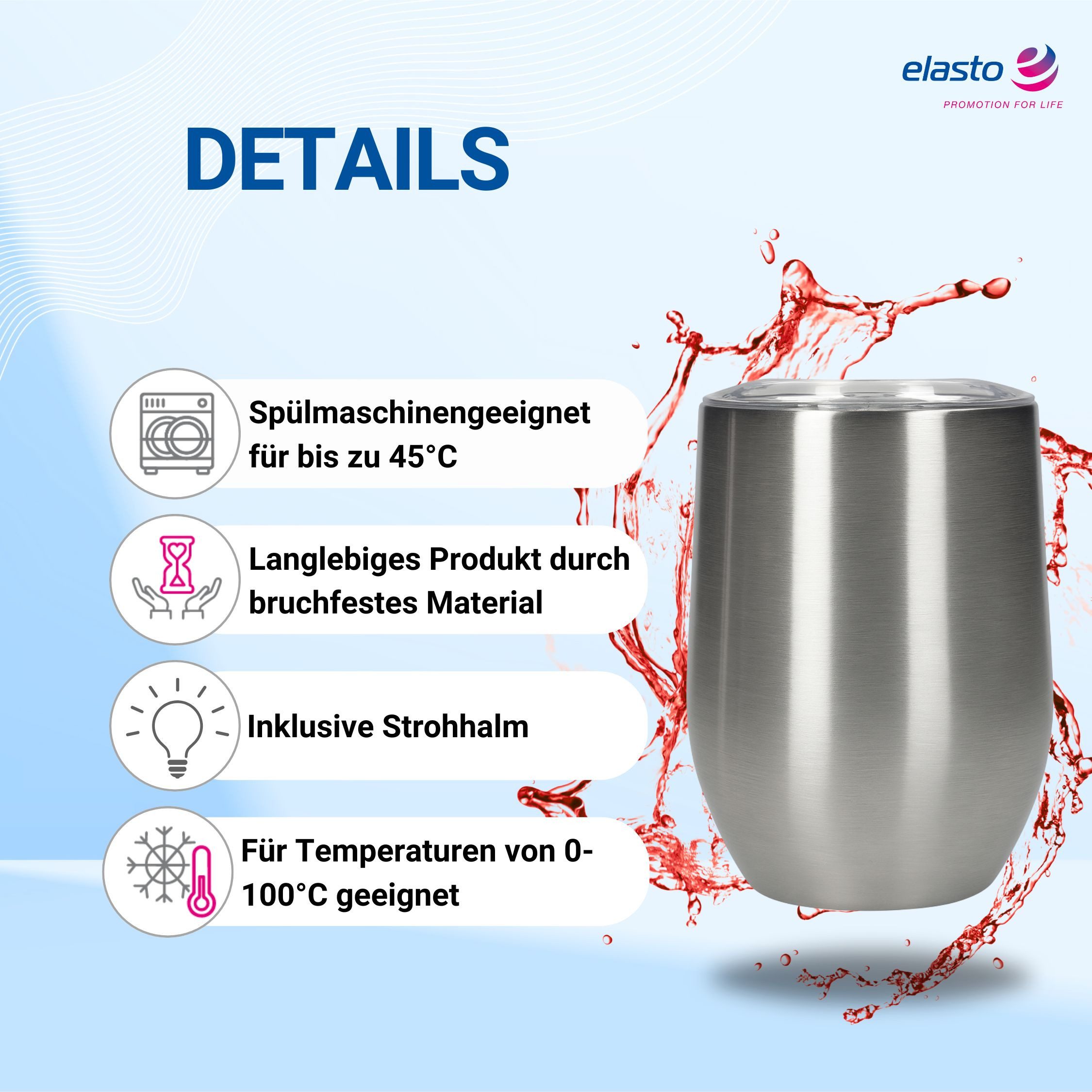 elasto Becher Weinbecher 350 ml Vinova Edelstahl Trinkbecher inkl. Strohhalm, robust, spülmaschinengeeignet, Sommer, Geschenk