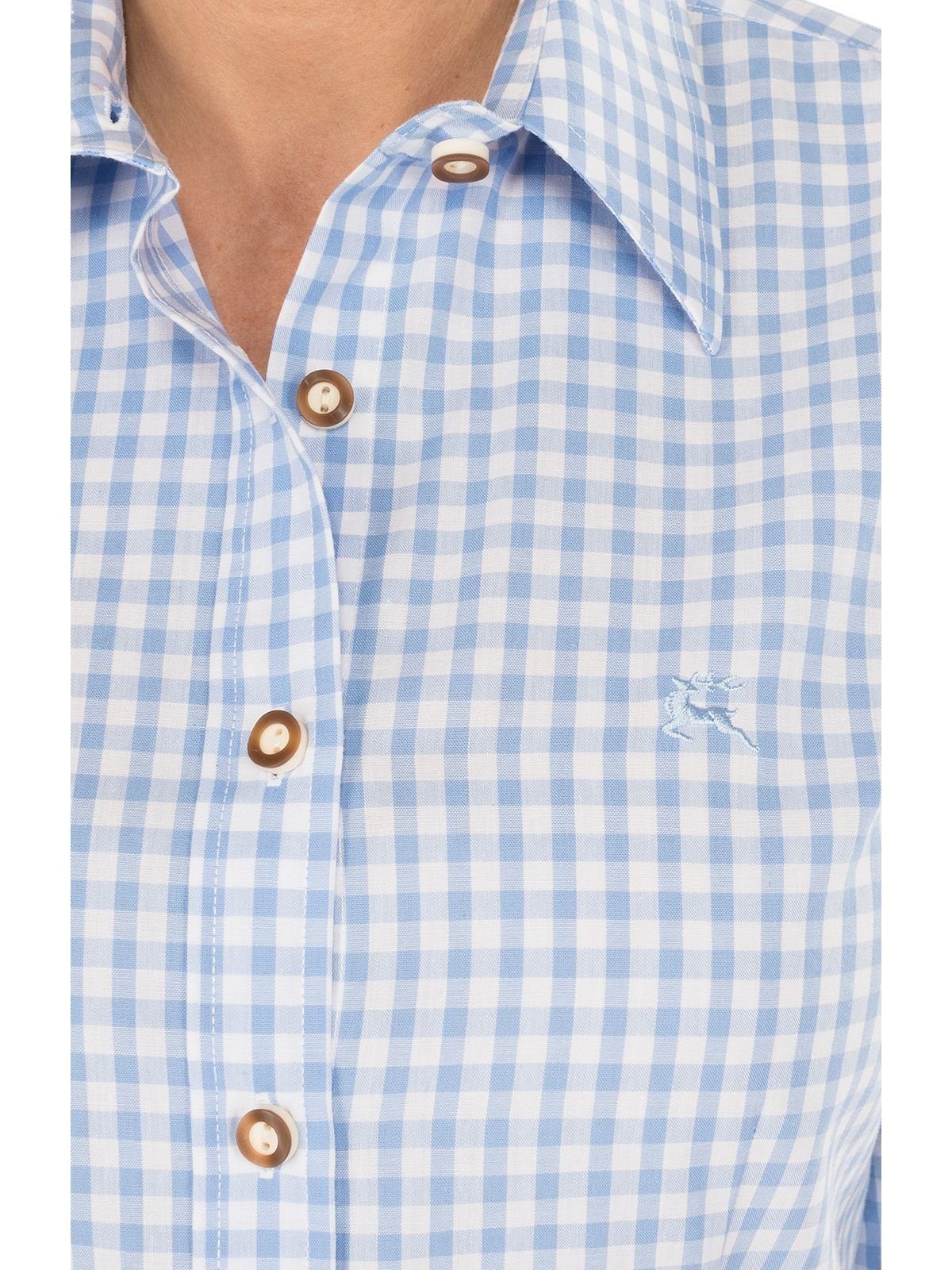 hellblau Stick CHECKERED OS-Trachten Trachtenbluse Langarm Trachtenbluse