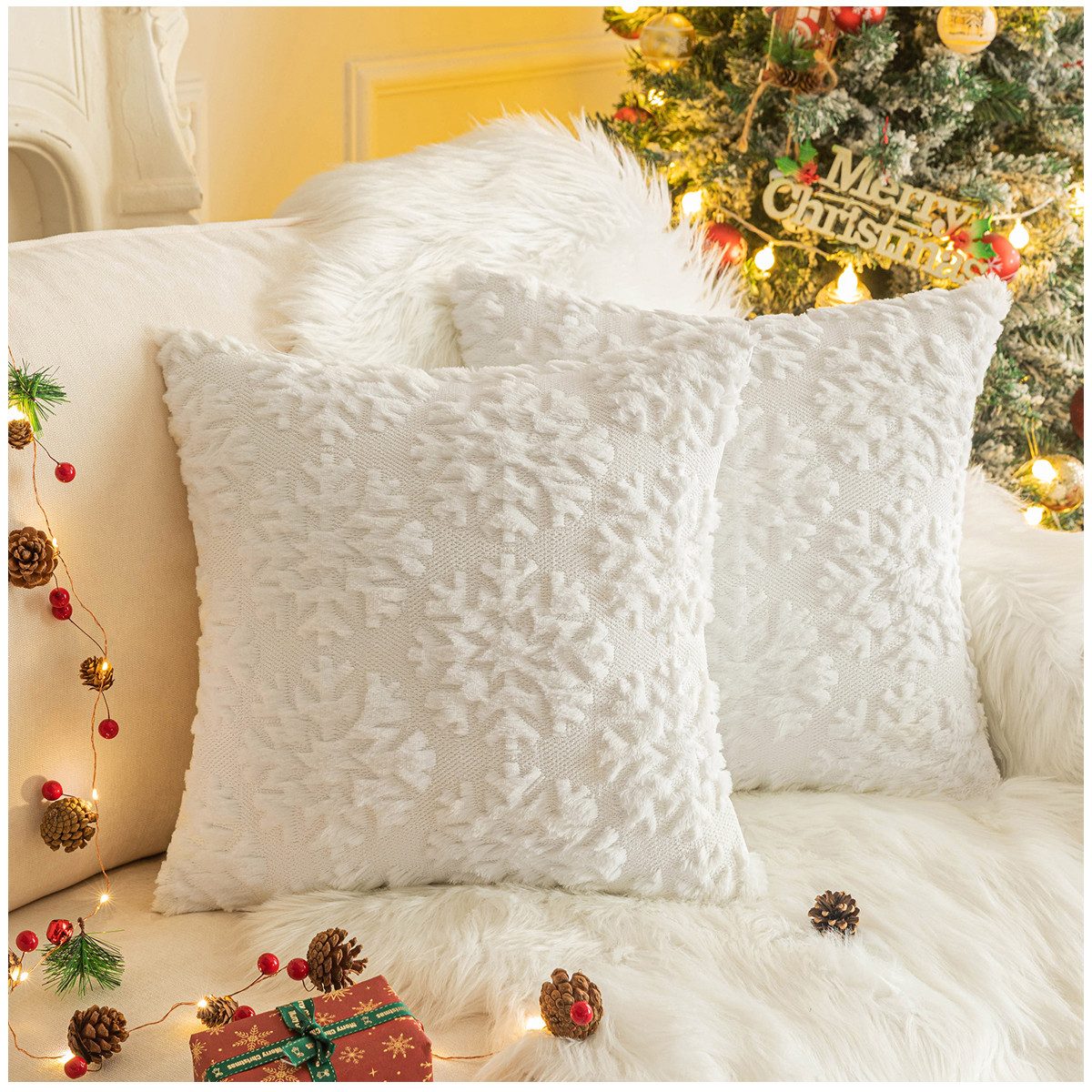 Qelus Подушкиbezüge Подушкиbezug Weihnachtsbaum Bestickt Zottelig Weihnachtskissen 45x45cm, (2 Stück)