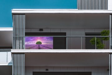 MuchoWow Balkonsichtschutz Lavendel - Baum - Lila - Wolken (1-St) Balkonbanner, Sichtschutz für den Balkon, Robustes und wetterfest