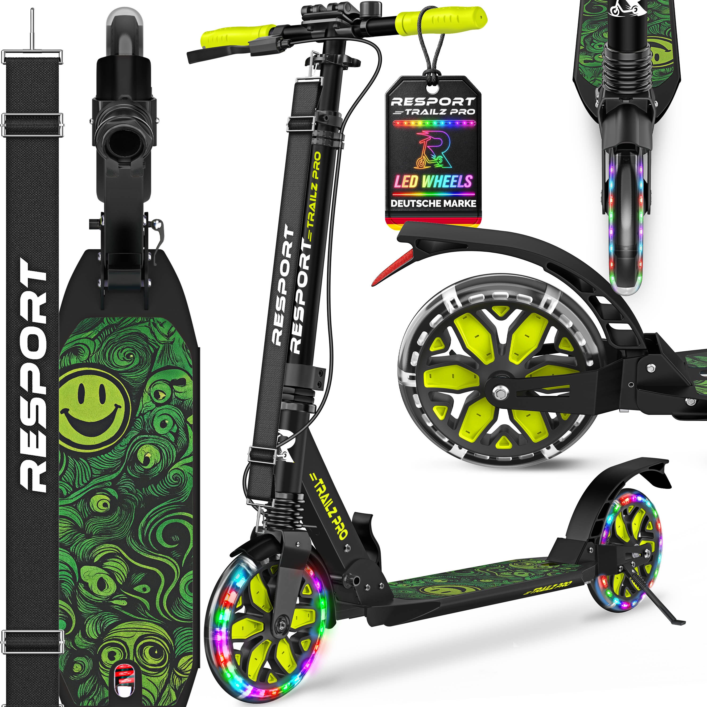 RE:SPORT Cityroller RE:SPORT® Trailz Pro Cityroller Scooter inkl. Tragegurt und Klingel, (Scooter höhenverstellbar & klappbar, Kickscooter Tretroller inkl. Handbremse & Doppelfederung), Cityroller für Kinder & Erwachsene mit LED, Klingel & Tragegurt
