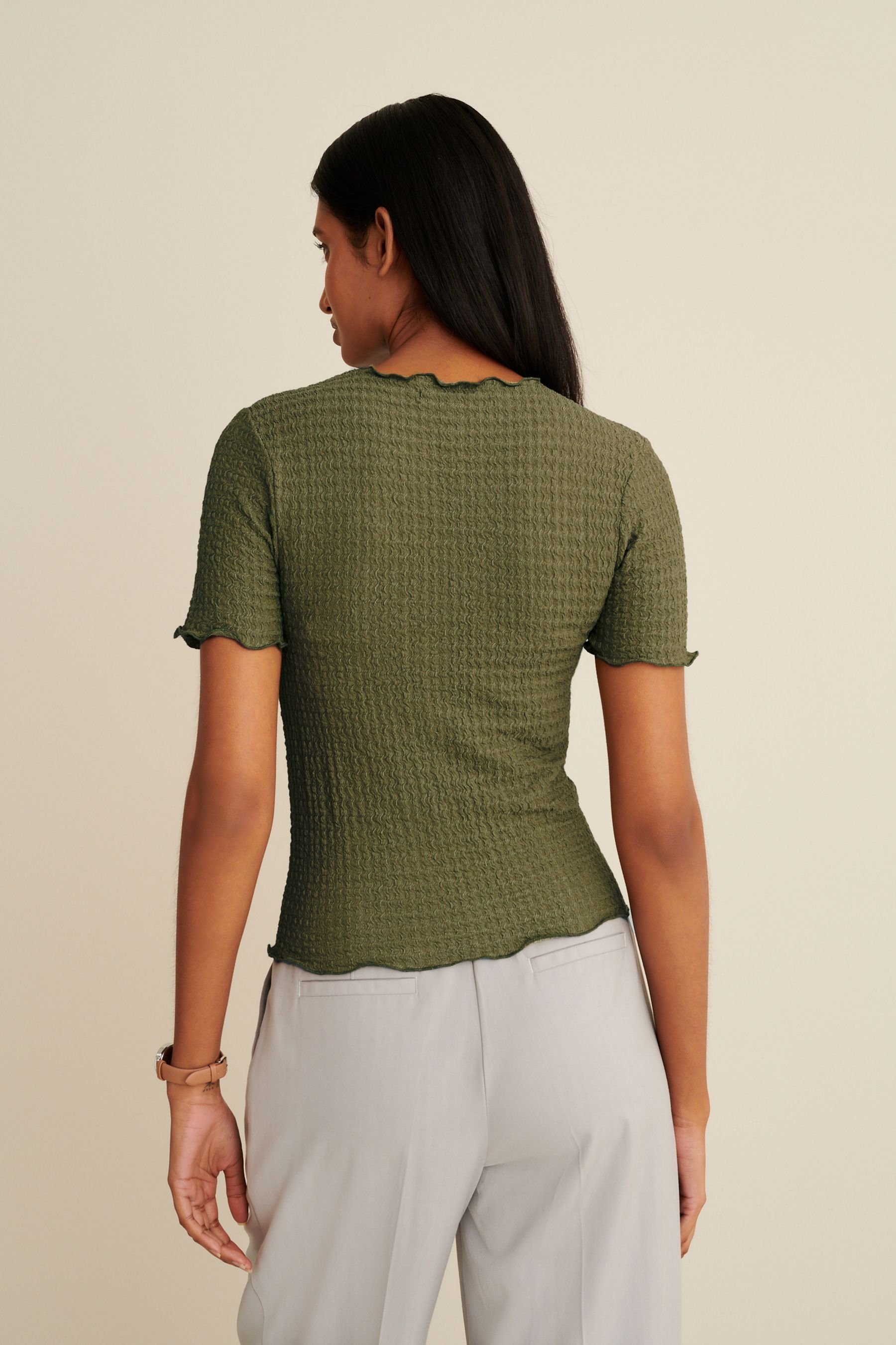 mit Kräuselsaum Oberteil Khaki Strukturiertes Green Next T-Shirt (1-tlg)