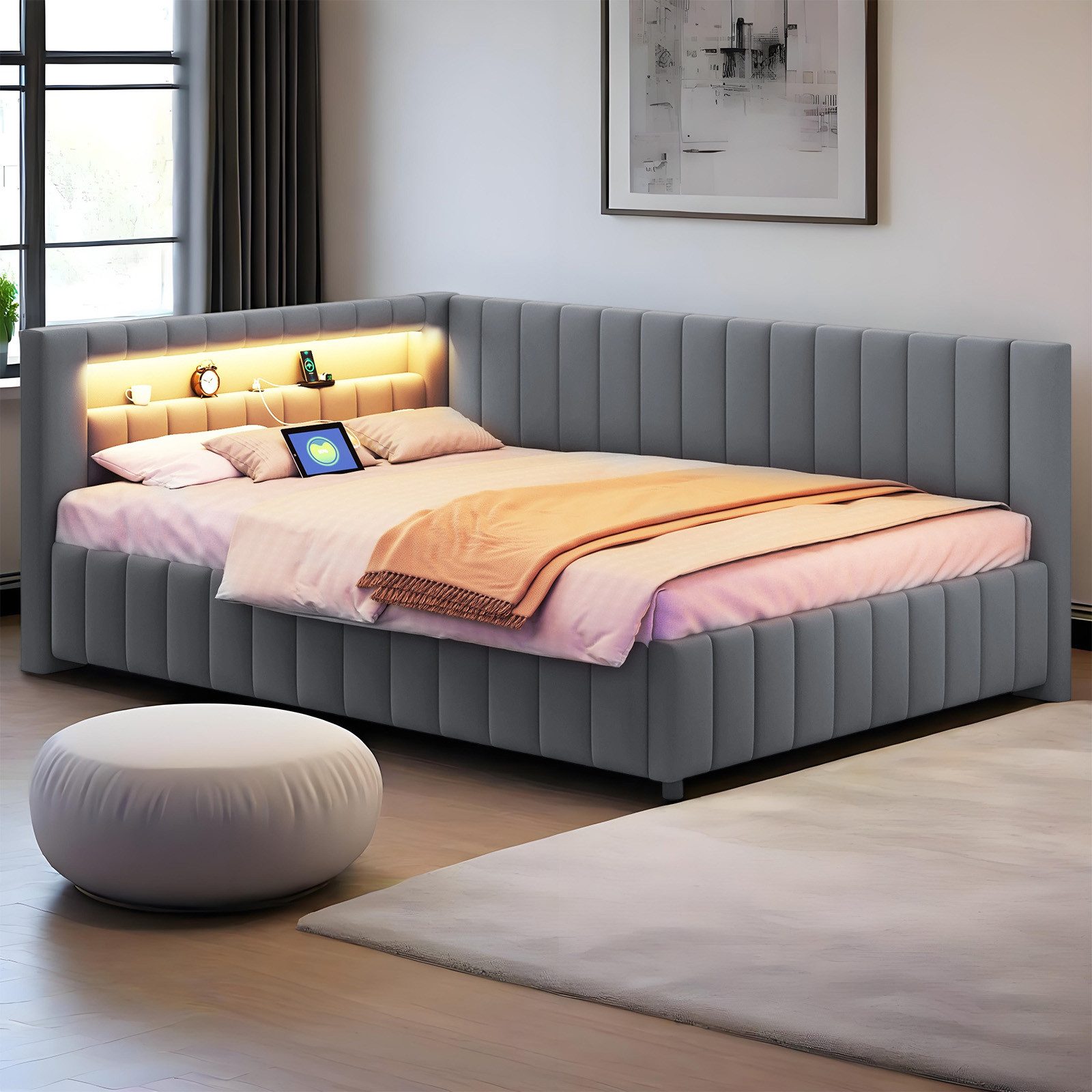 REDOM Schlafsofa Polsterbett,Funktionsbett,Jugendbett, 140x200 mit LED & US günstig online kaufen