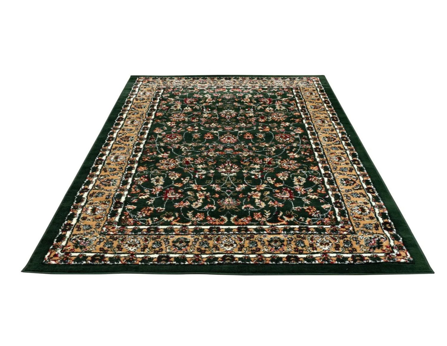 Vimoda Orientteppich Klassischer Teppich Kurzflor in Grün, Beige, Rot & Grau, Rechteckig, Höhe: 6 mm, Kunstvollem Klassik Muster Blumen GRÜN, Braun & Schwarz