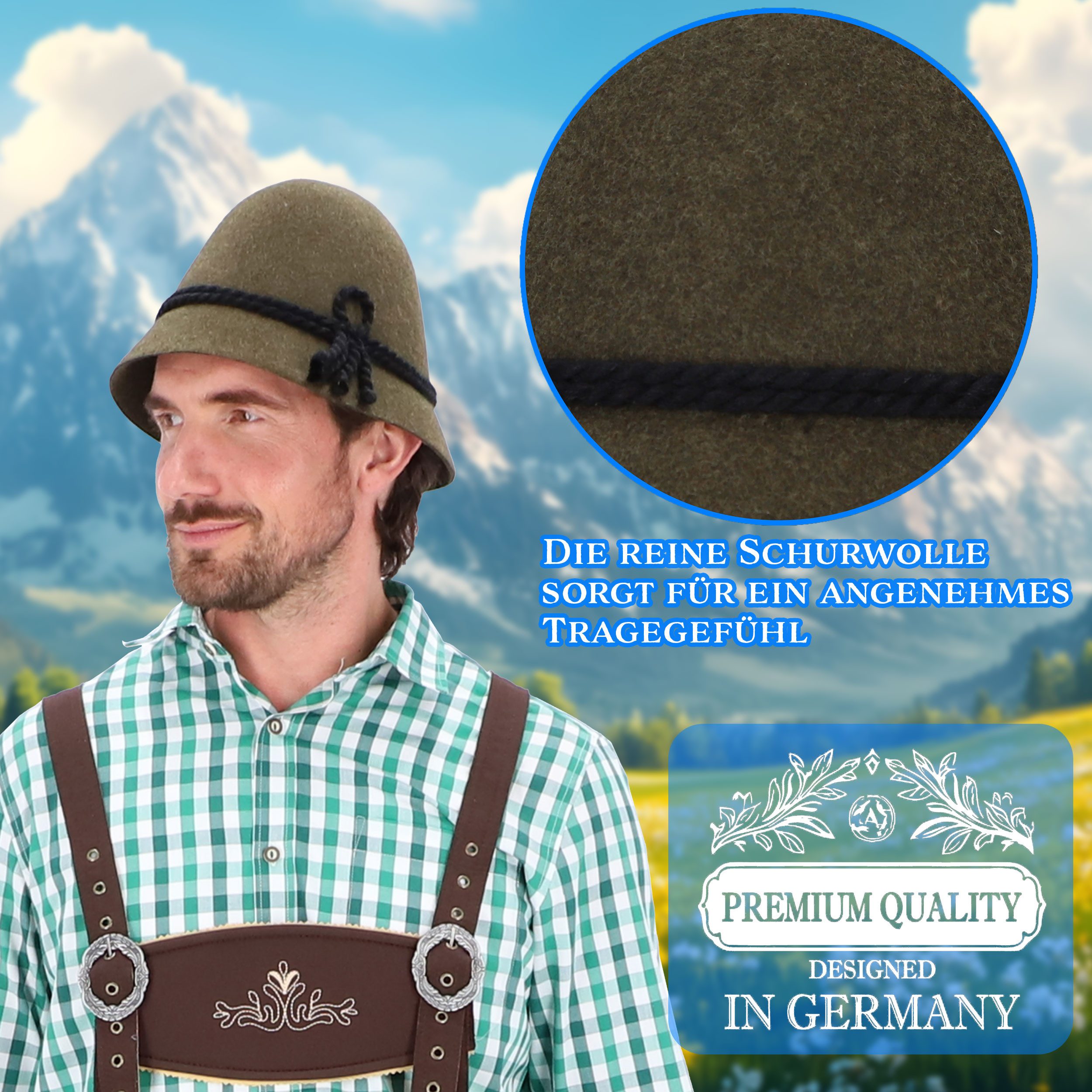 Steigenhöfer Manufaktur Trachtenhut Herren Heinrich - bayrischer Wanderhut Stopselhut aus 100% Schurwolle Schmale Krempe & Kordel - 2-Fach Kordel - Ideal fürs O – Bild 4 von 5