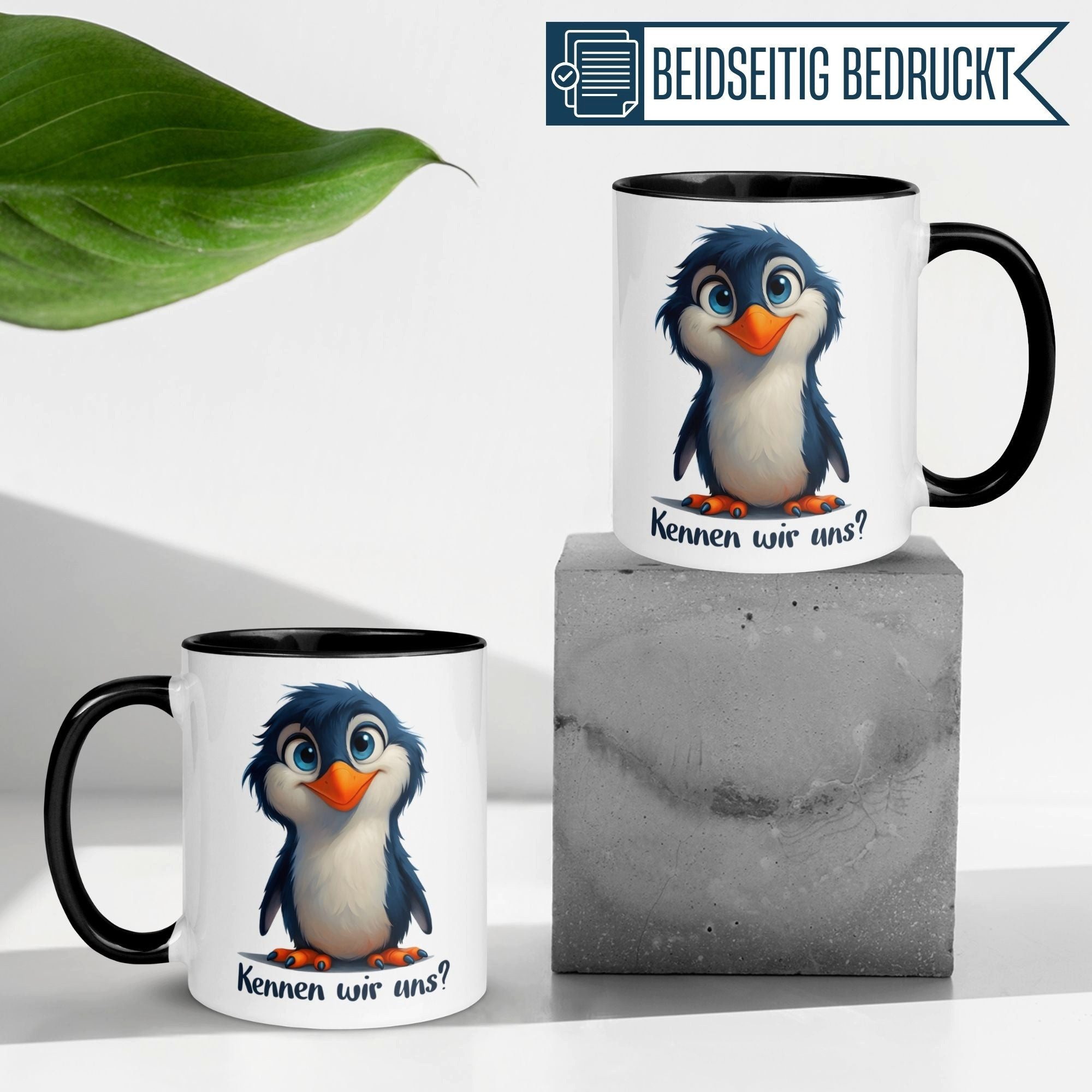 Momentals Tasse Pinguin – „Kennen wir uns“ – lustiger Geschenk Becher für Pinguin Fans, Gratis Versand · Links-&Rechtshänder · Spülmaschinenfest