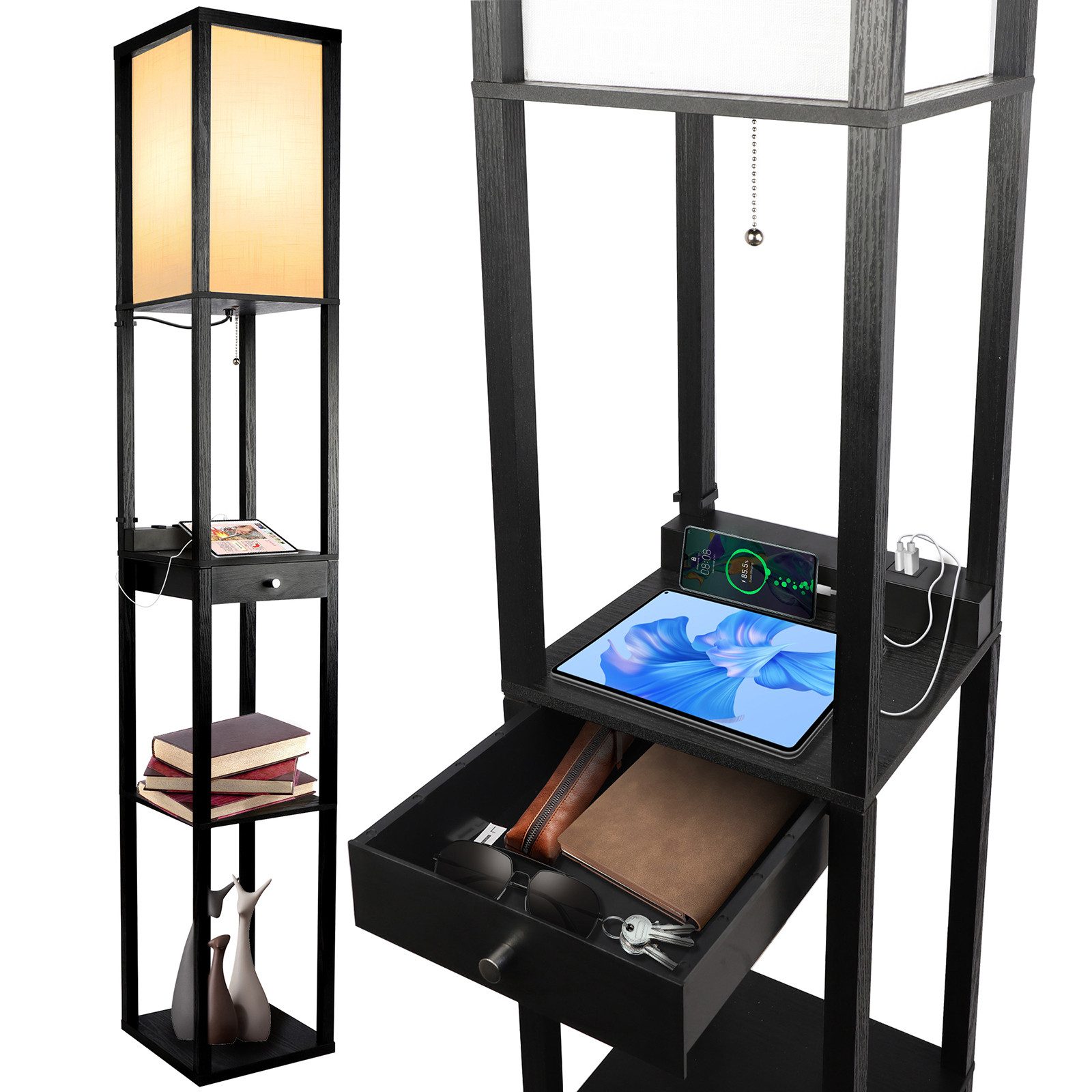 OUTON LED Stehlampe LED-Stehleuchte, Regal mit Schublade, mit 1 USB-A und 1 USB-C, LED wechselbar, 3-fach dimmbare LED, leichter Aufbau