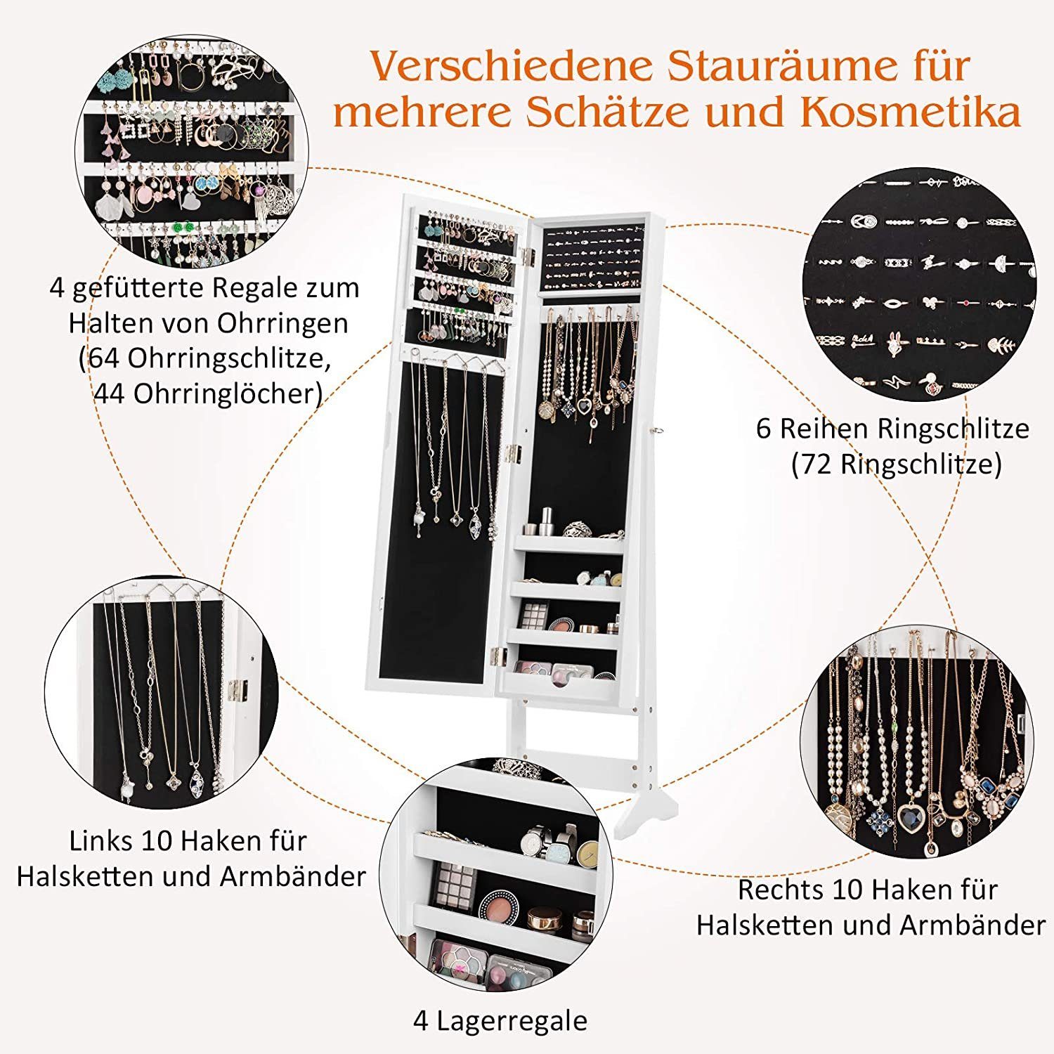 COSTWAY Schmuckregal mit Ganzkörperspiegel, Schmuckschrank neigbar, Schmuckständer – Bild 5 von 5