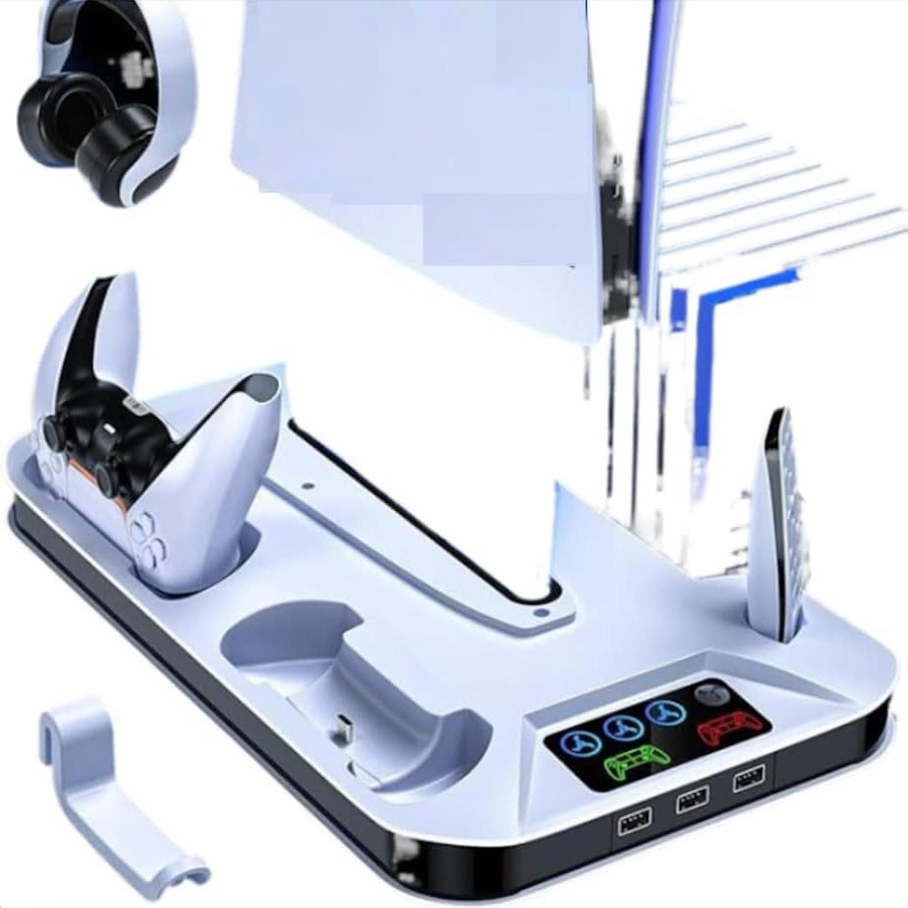 AURIVION PS5 Slim Kühlstation mit Controller Ladestation & Lüfter Controller (Set, 1 St., PS5 Stand Zubehör mit 3 USB Hubs und Headset Halter)