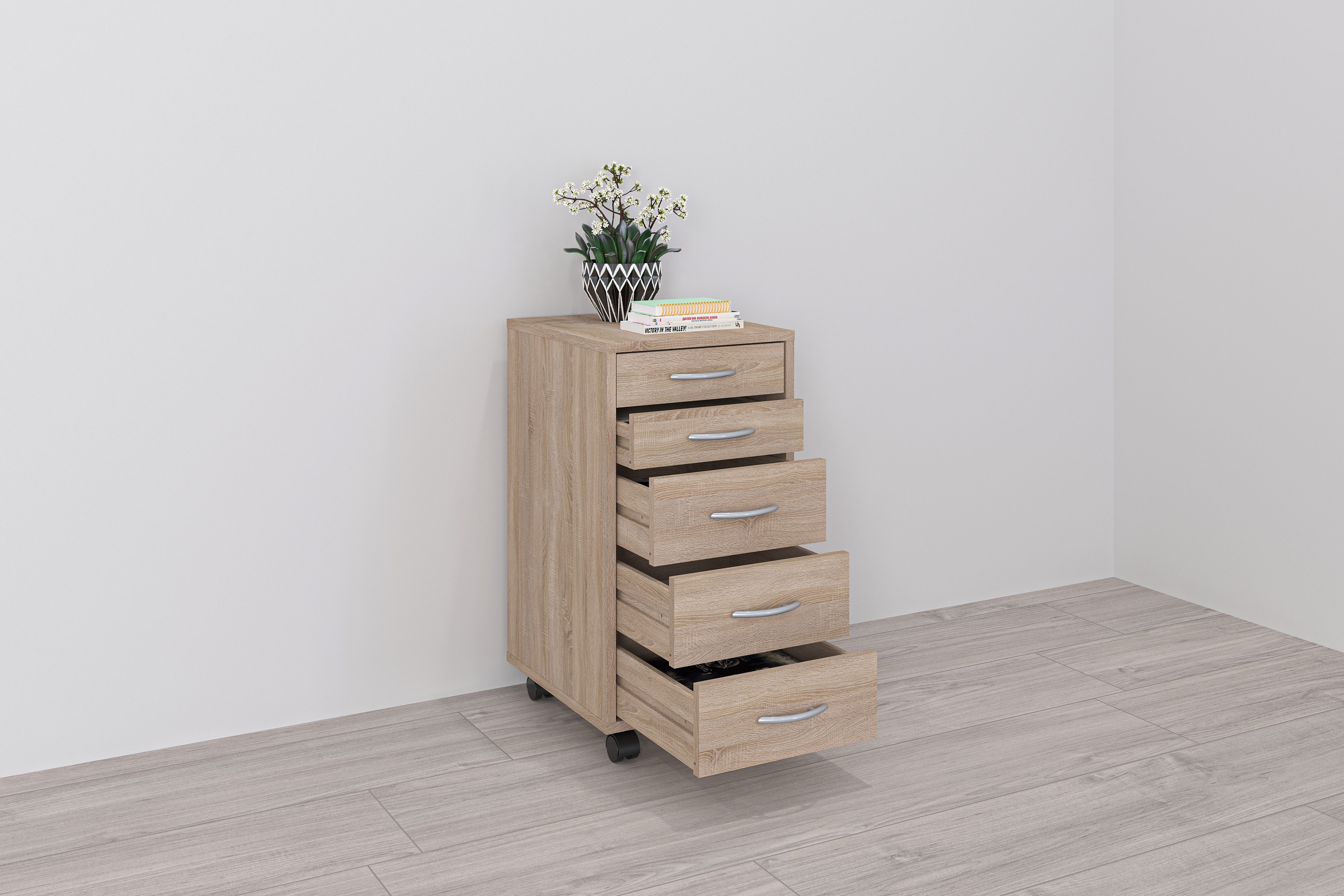 FMD Rollcontainer Freddy, Büroaufbwahrung mit 5 Schubkästen auf Rollen, 63 cm hoch