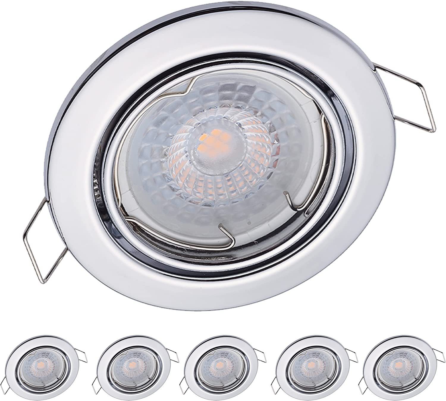 Oktaplex lighting LED Einbaustrahler 6 Stück LED Strahler flach inkl. LED Module 5W 380 Lumen, Dimmbar, Leuchtmittel wechselbar, warmweiß, 3000 Kelvin 230V schwenkbar chromfarben