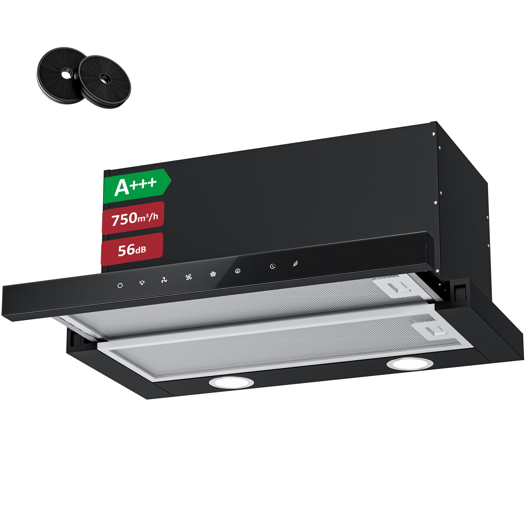 Levivo Flachschirmhaube A+++ Dunstabzugshaube 60cm Umluft & Abluft mit 750 m³/h A+++ Dunstabzugshaube 60cm Umluft & Abluft mit 750 m³/h, Aktivkohlefiltern, Fettfiltern, LED-Beleuchtung