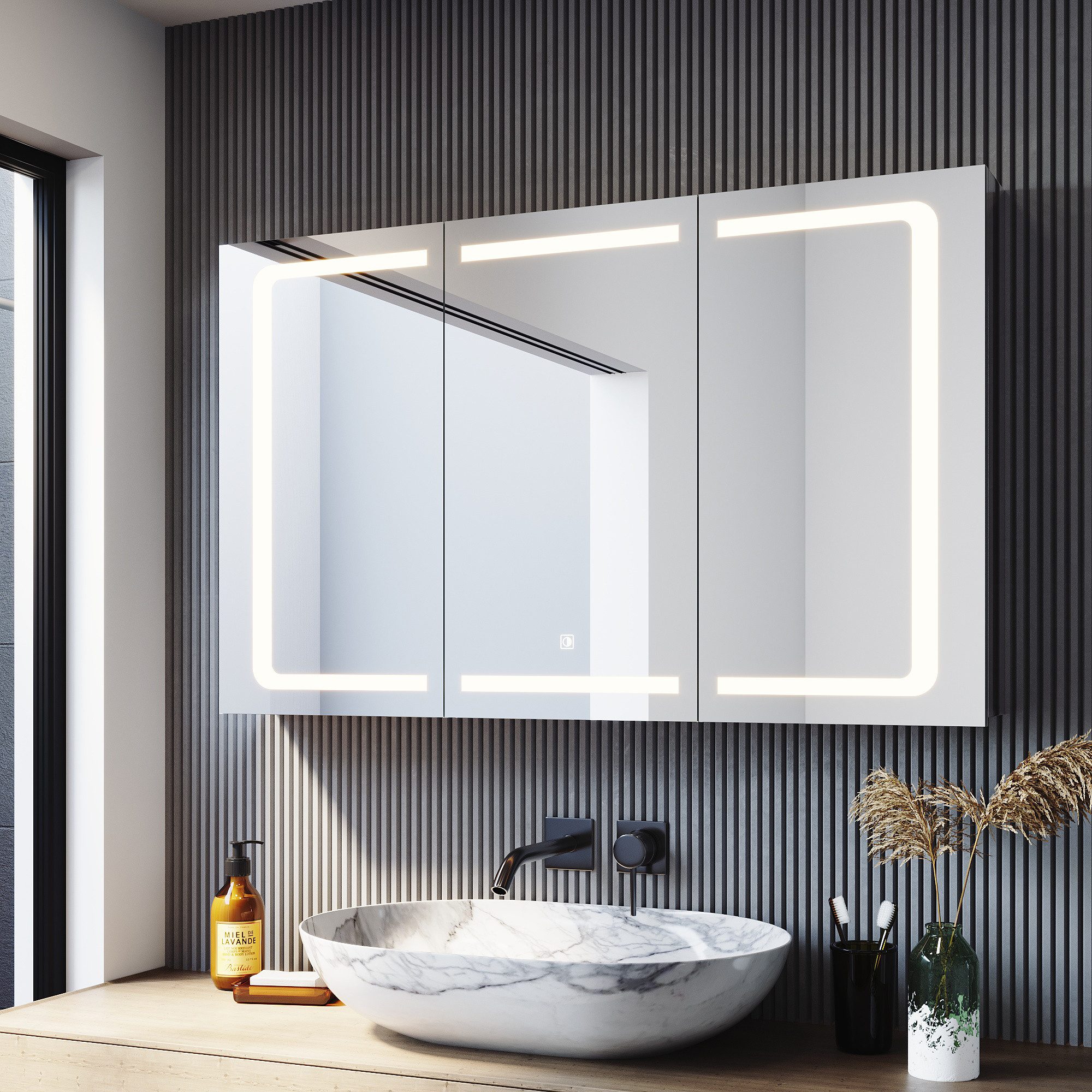 SONNI Spiegelschrank Spiegelschrank bad mit beleuchtung/Badezimmer spiegelschrank 105 cm x 65 cm, mit Touch und Steckdose, 3 türig, Anti-fog