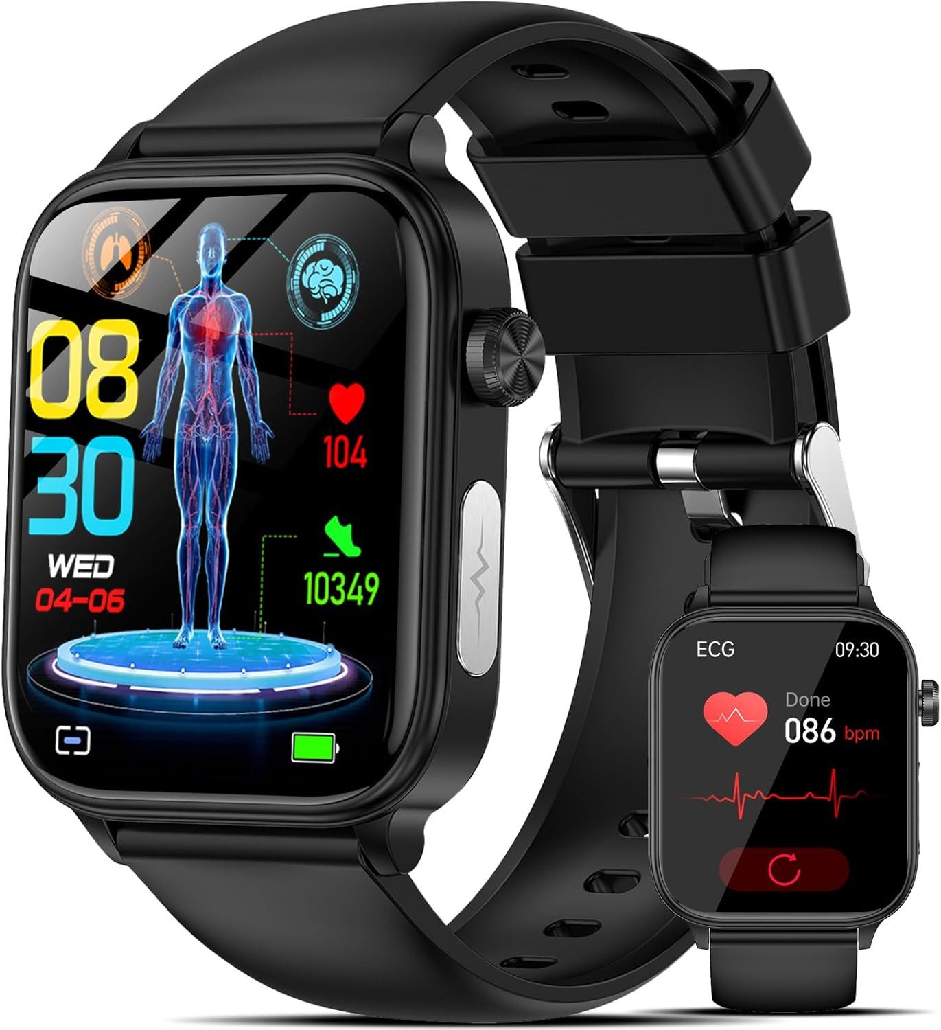 Marsyu Smartwatch (4,9 cm, android ios), Smartwatch mit EKG Funktion 1.96 Zoll Display Gesundheitstracking