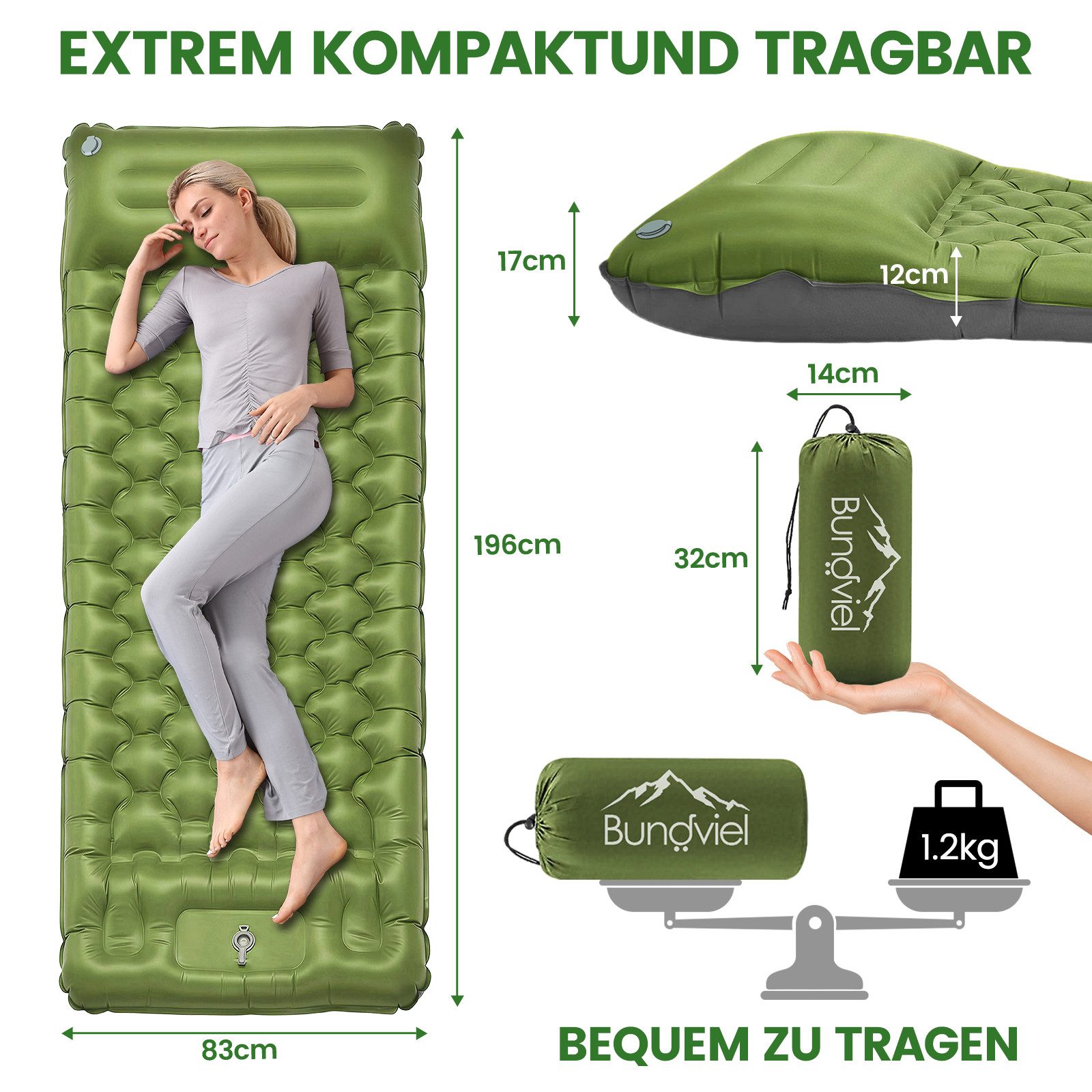 Bundviel Isomatte Camping Selbstaufblasend 12cm Dicke Luftmatratze Utraleicht mit Fußp, Ultraleicht 196x70x12cm / 196x83x12cm – Bild 3 von 5