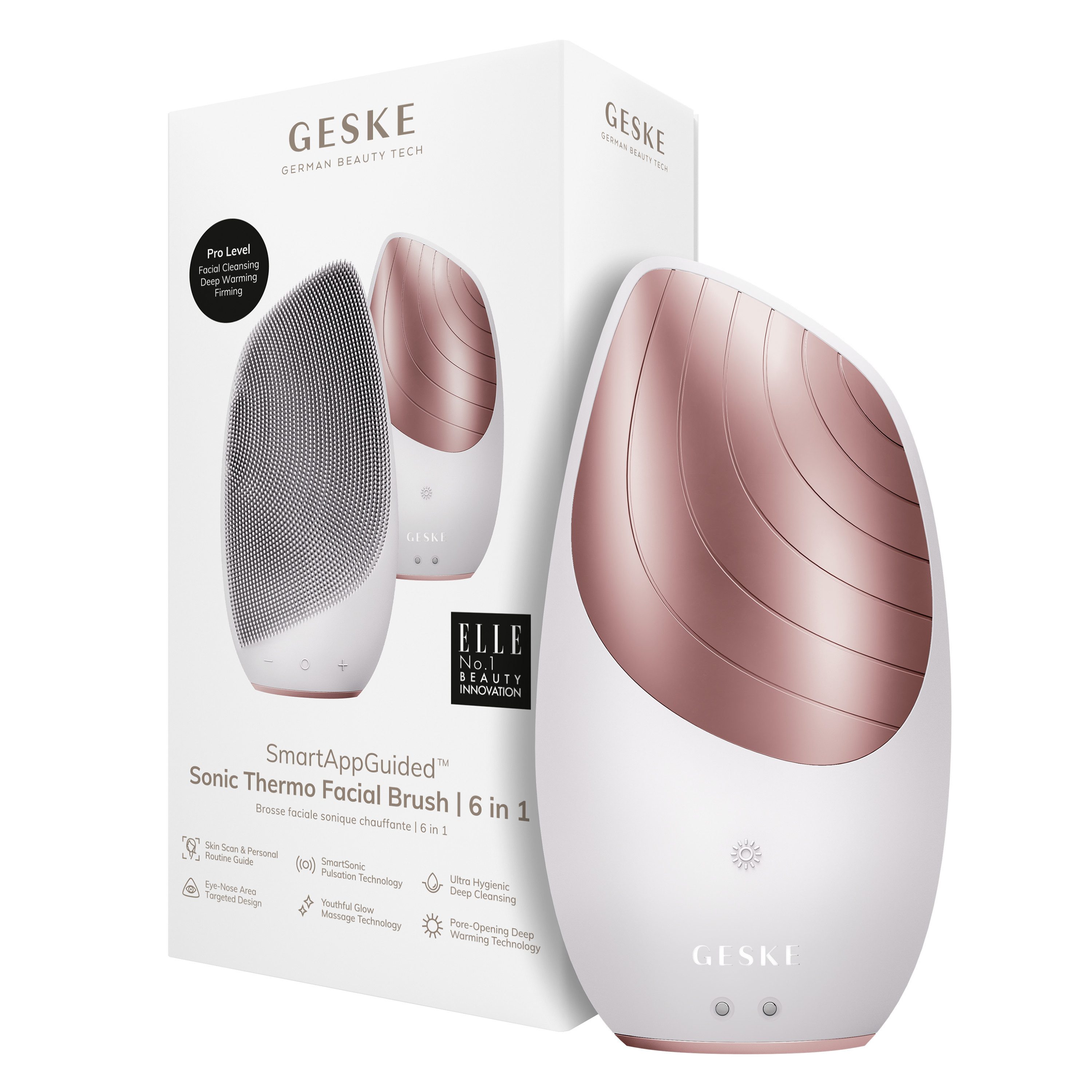 GESKE German Beauty Tech Elektrische Gesichtsreinigungsbürste SmartAppGuided™ Sonic Thermo Facial Brush 6 in 1, Packung (Gerät & USB-Ladekabel), 2-tlg., Gerät inkl. kostenloser APP (SmartAppGuided Device), Anti-Aging Massage-, SmartSonic Pulsation- & Tiefen-Wärme-Technologie